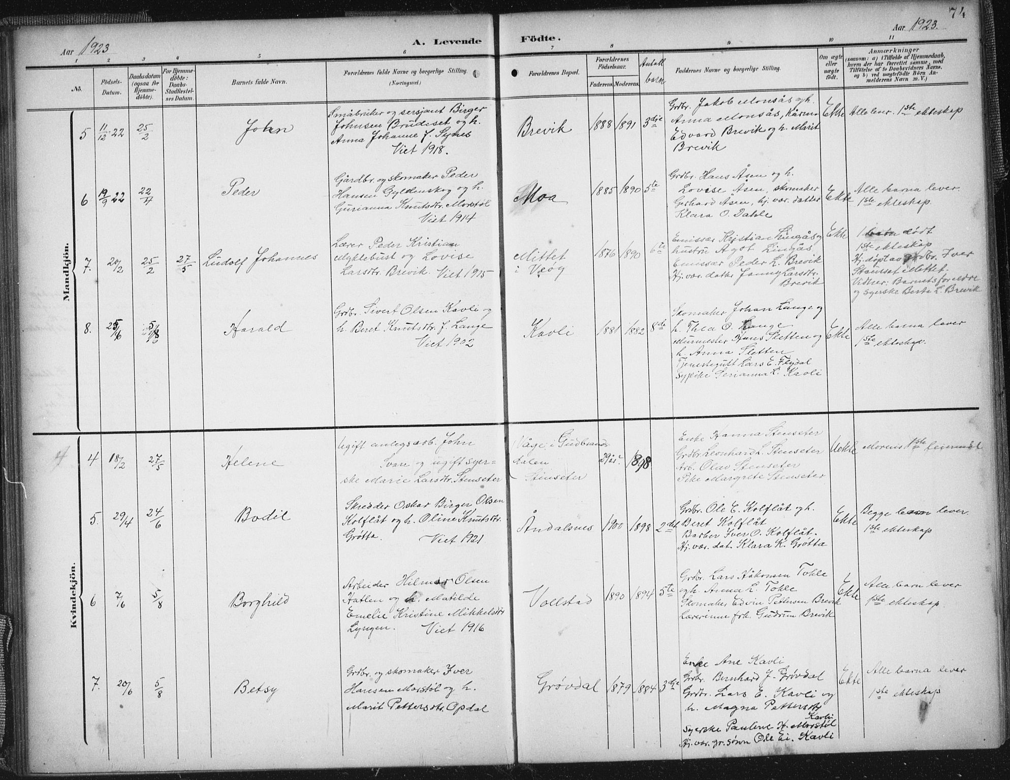 Ministerialprotokoller, klokkerbøker og fødselsregistre - Møre og Romsdal, AV/SAT-A-1454/545/L0589: Parish register (copy) no. 545C03, 1902-1937, p. 74