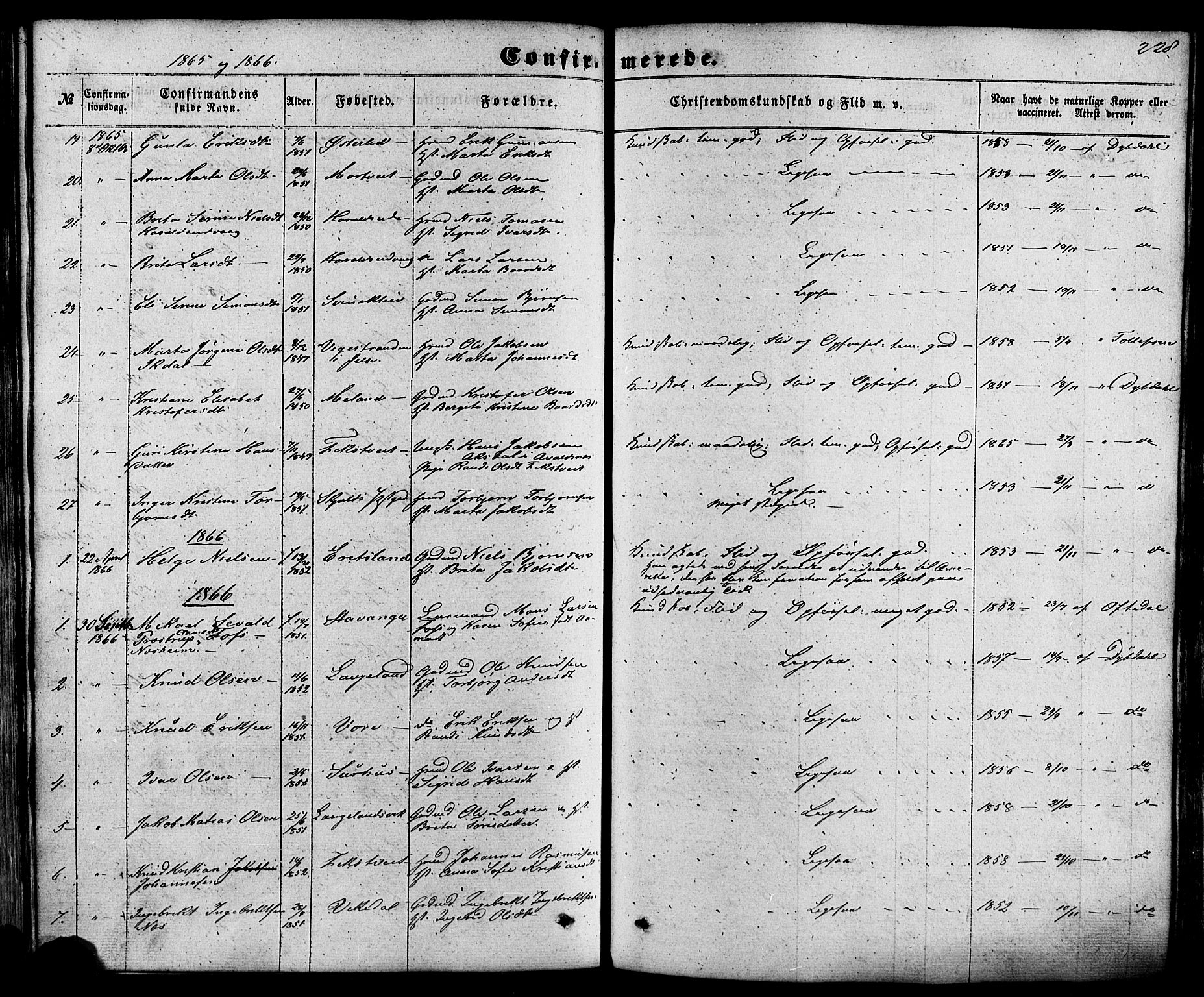 Skjold sokneprestkontor, AV/SAST-A-101847/H/Ha/Haa/L0008: Parish register (official) no. A 8, 1856-1882, p. 228