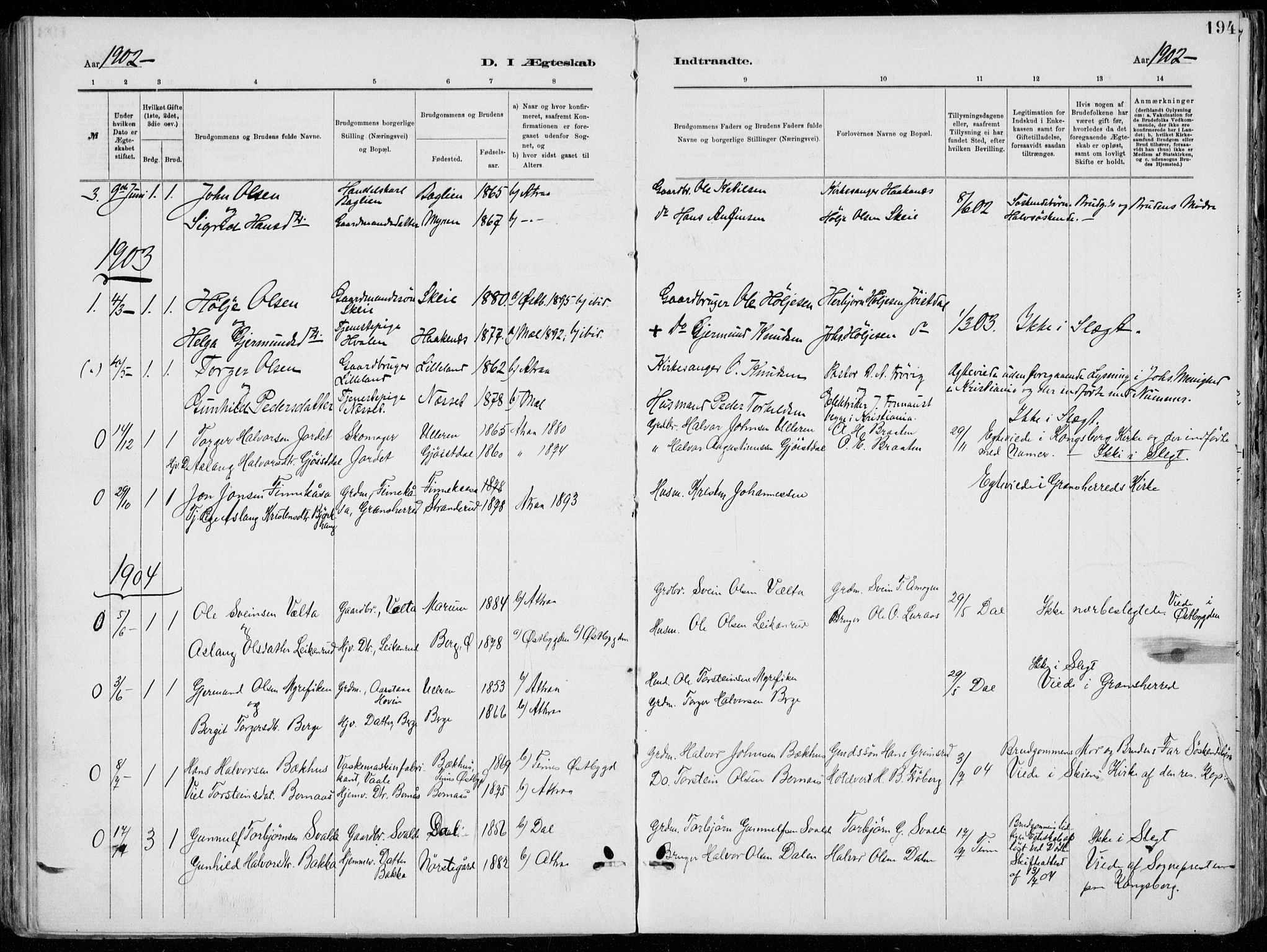 Tinn kirkebøker, AV/SAKO-A-308/F/Fa/L0007: Parish register (official) no. I 7, 1878-1922, p. 194