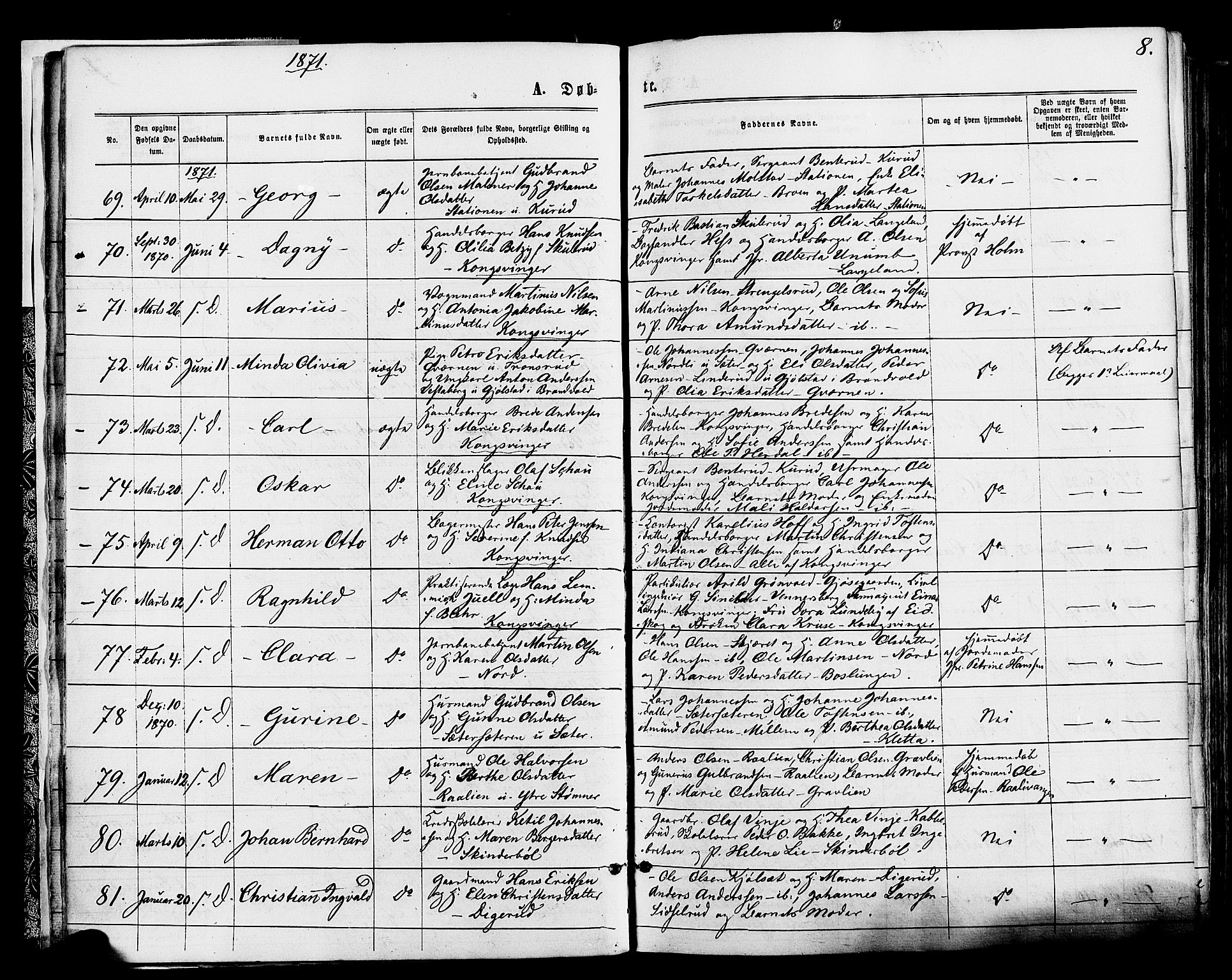 Vinger prestekontor, SAH/PREST-024/H/Ha/Haa/L0012: Parish register (official) no. 12, 1871-1880, p. 8
