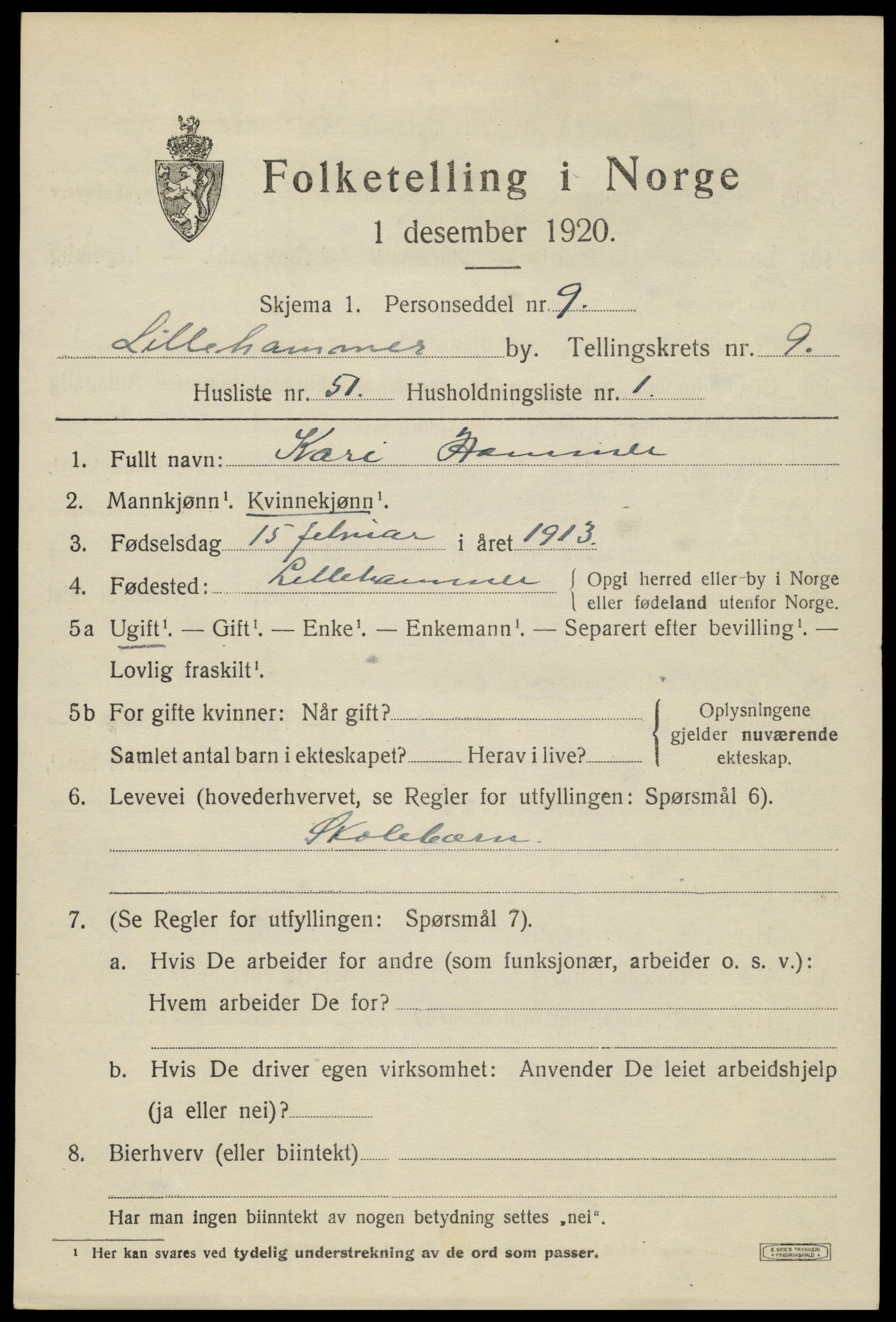 SAH, 1920 census for Lillehammer, 1920, p. 12360