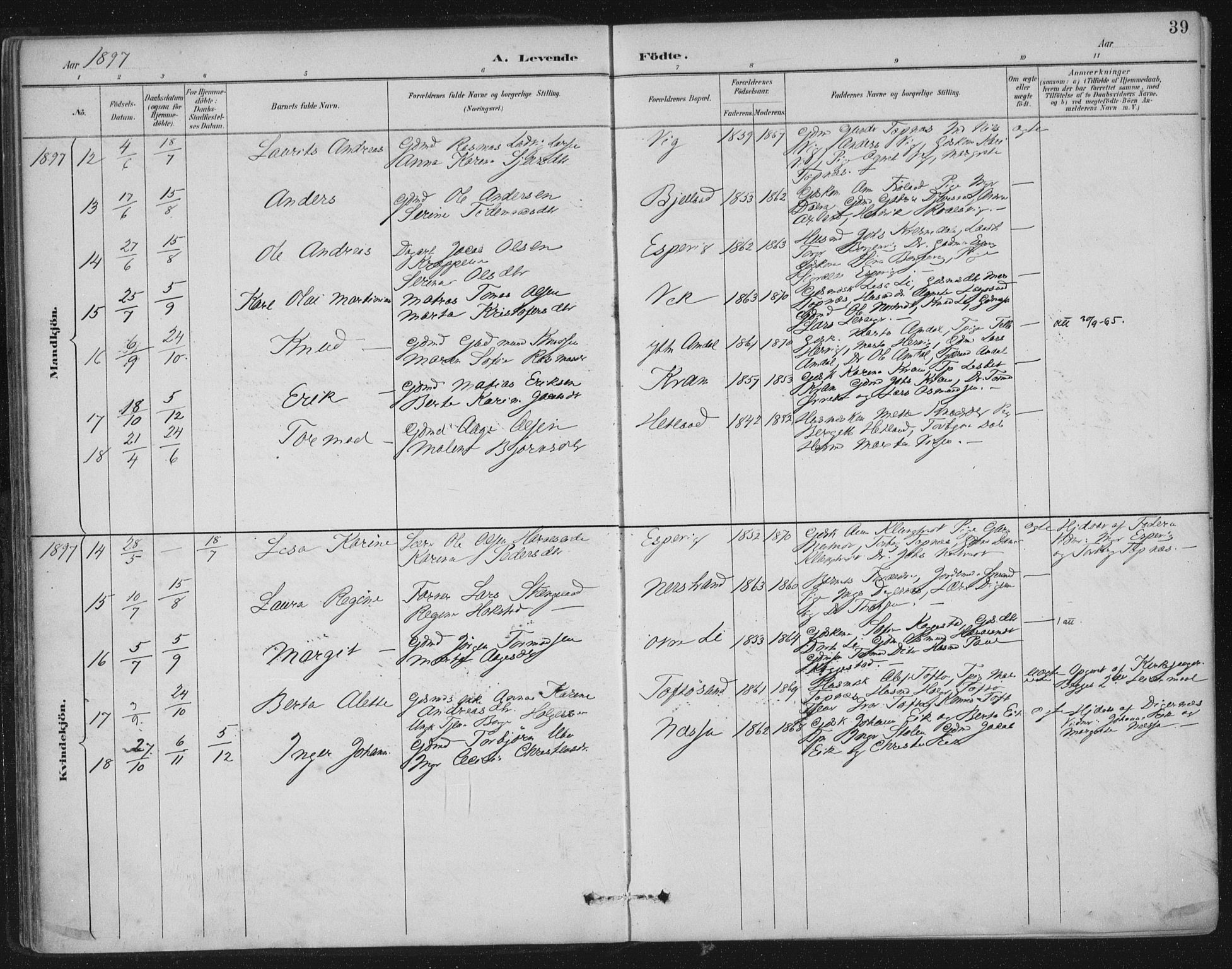 Nedstrand sokneprestkontor, SAST/A-101841/01/IV: Parish register (official) no. A 12, 1887-1915, p. 39