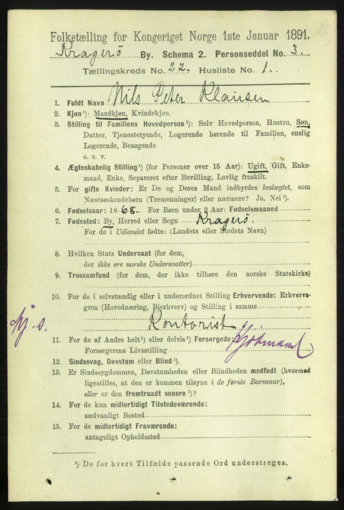 RA, 1891 census for 0801 Kragerø, 1891, p. 4760