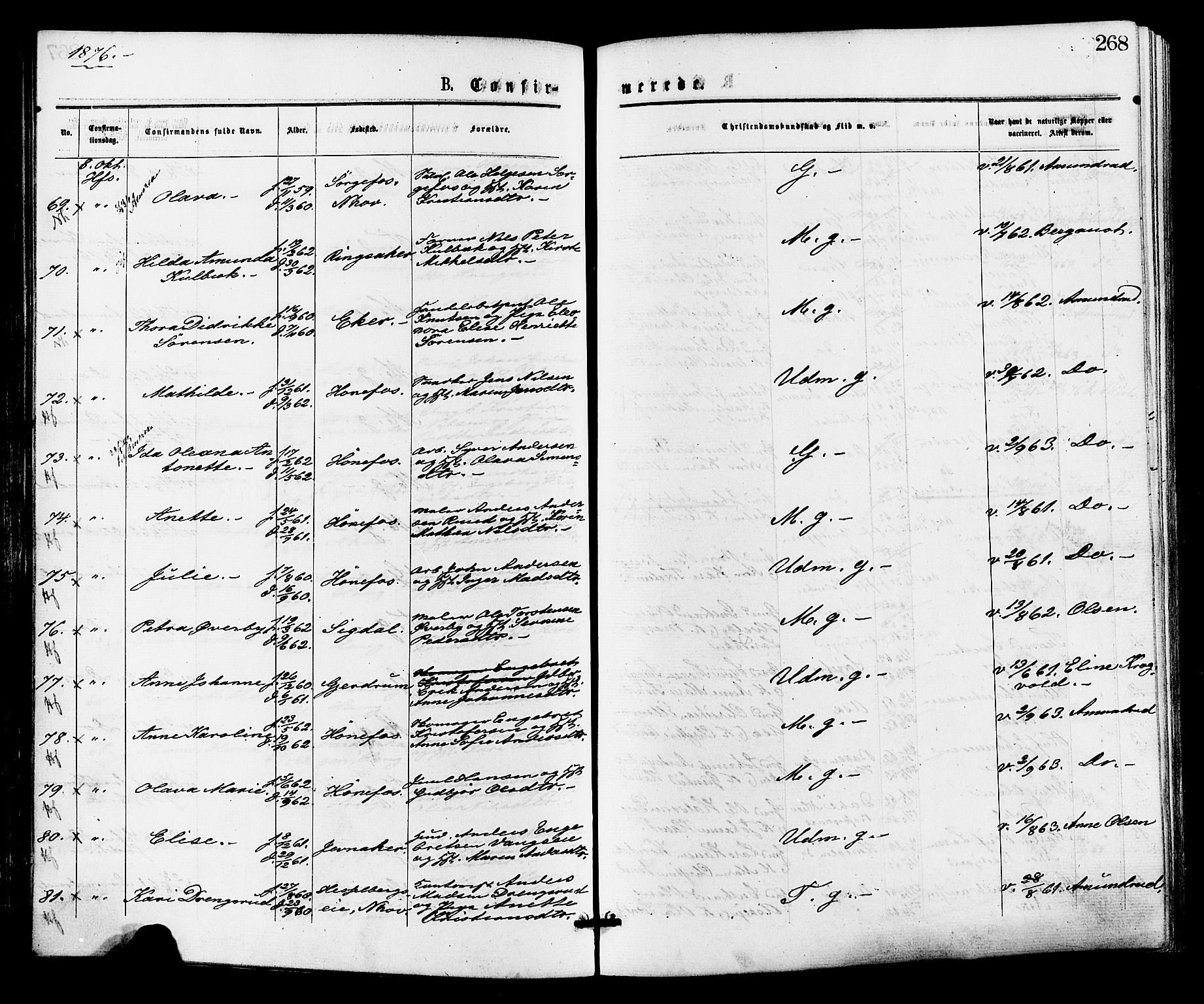 Norderhov kirkebøker, AV/SAKO-A-237/F/Fa/L0015: Parish register (official) no. 15, 1875-1884, p. 268