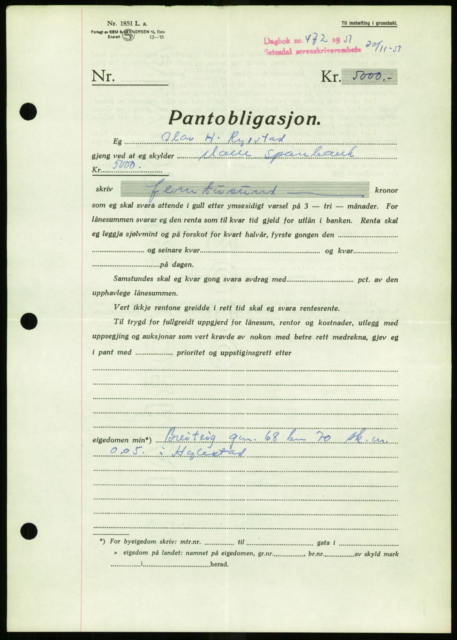 Setesdal sorenskriveri, SAK/1221-0011/G/Gb/L0050: Mortgage book no. B 38, 1949-1952, Diary no: : 472/1951