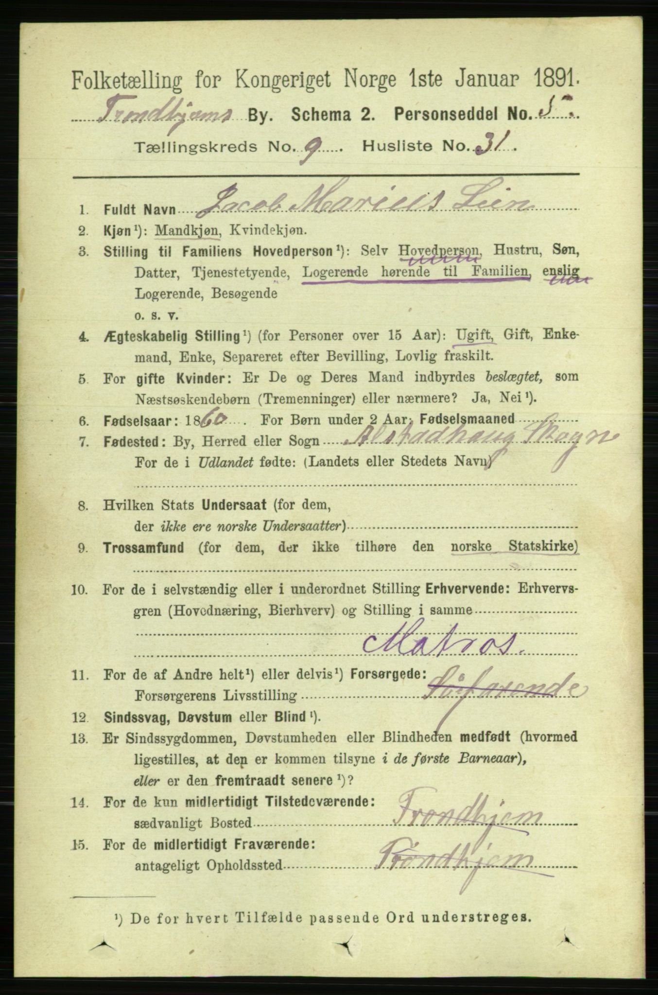 RA, 1891 census for 1601 Trondheim, 1891, p. 8011