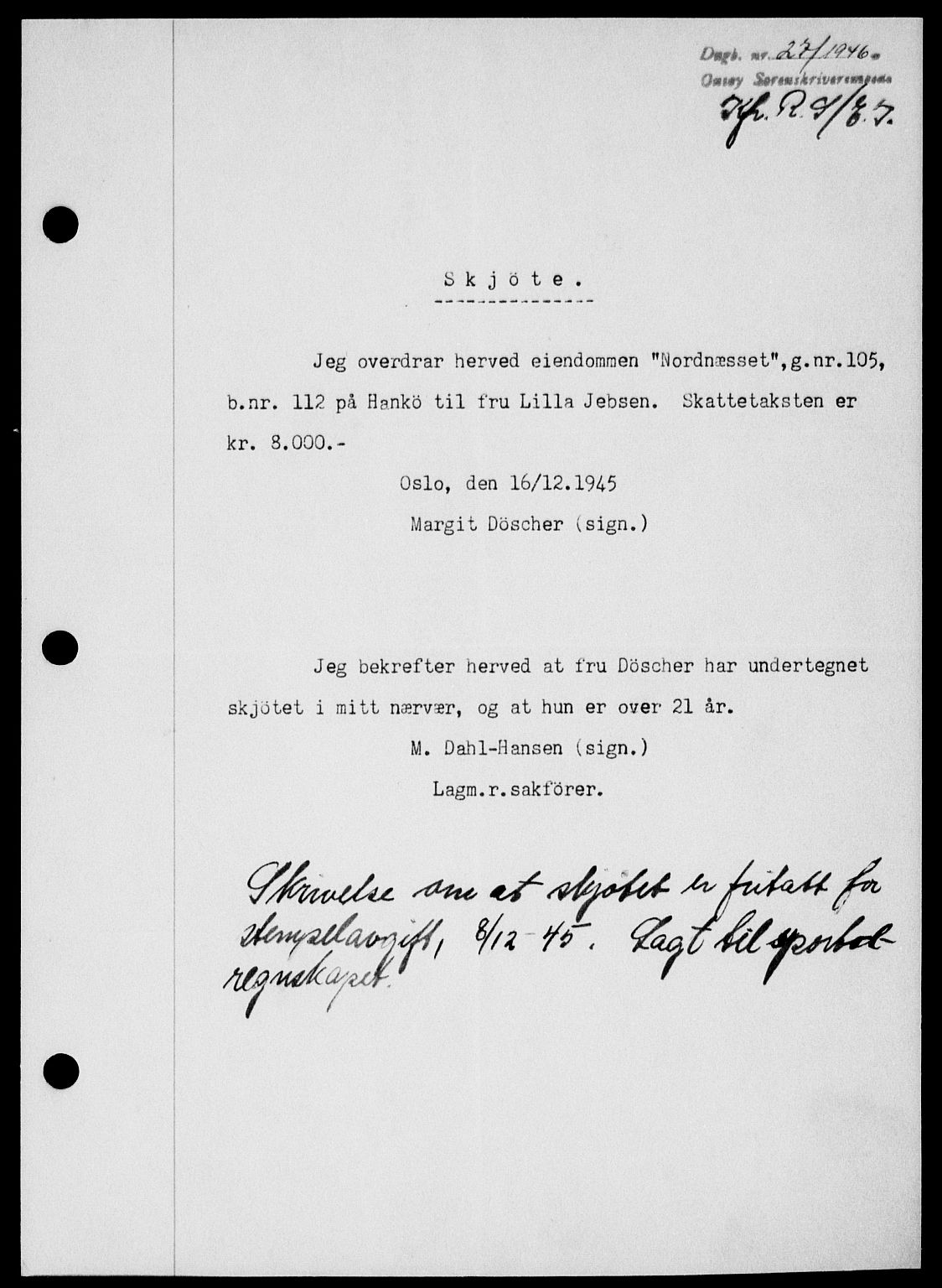 Onsøy sorenskriveri, SAO/A-10474/G/Ga/Gab/L0015: Mortgage book no. II A-15, 1945-1946, Diary no: : 27/1946