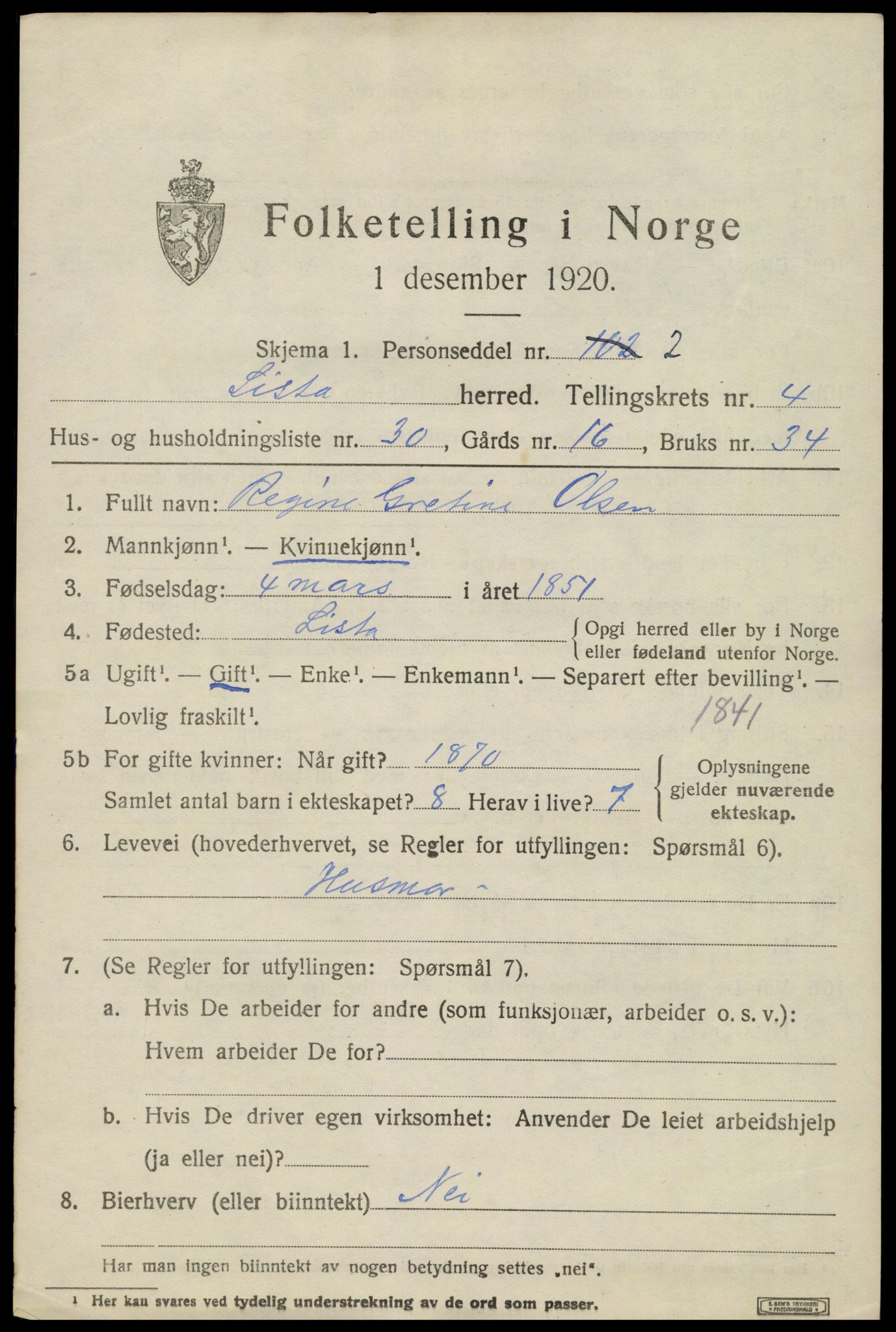 SAK, 1920 census for Lista, 1920, p. 4967