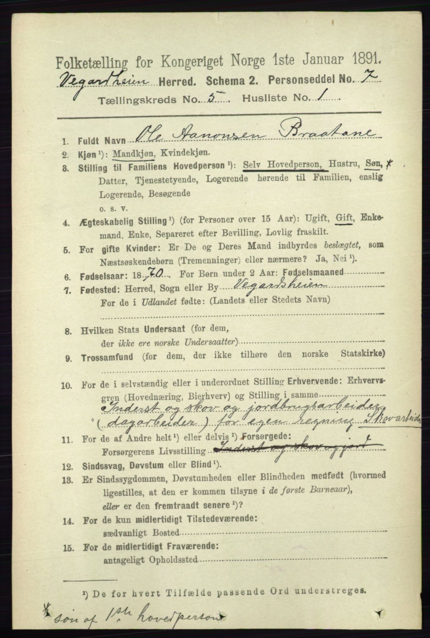 RA, 1891 census for 0912 Vegårshei, 1891, p. 975