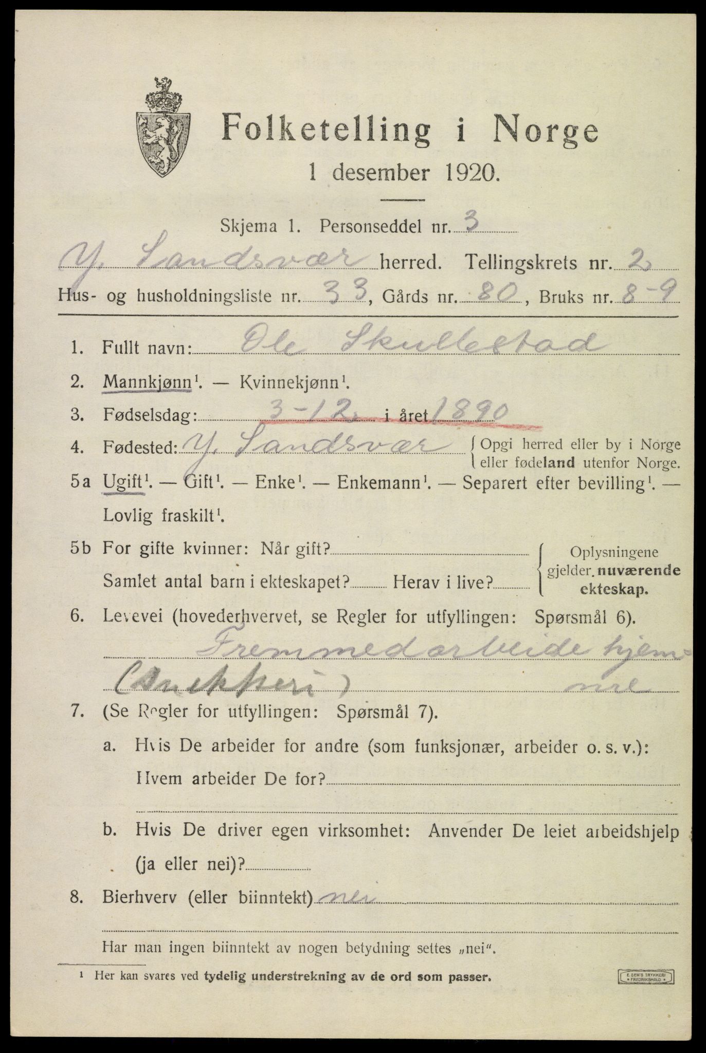 SAKO, 1920 census for Ytre Sandsvær, 1920, p. 3008