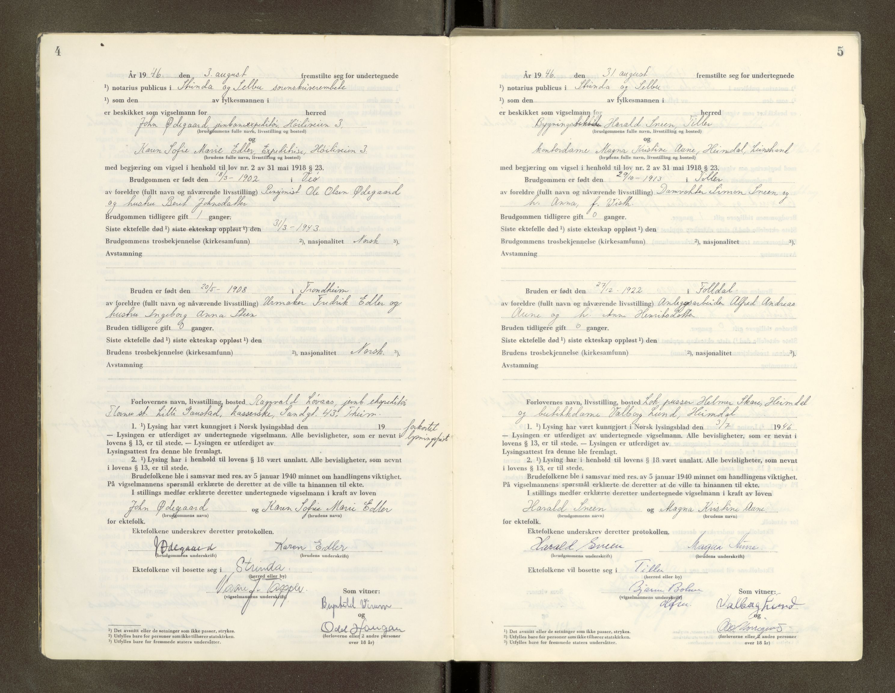 Strinda og Selbu sorenskriveri, AV/SAT-A-0015/6/6D/L0009: Vigselsbok, 1946-1951, p. 4-5