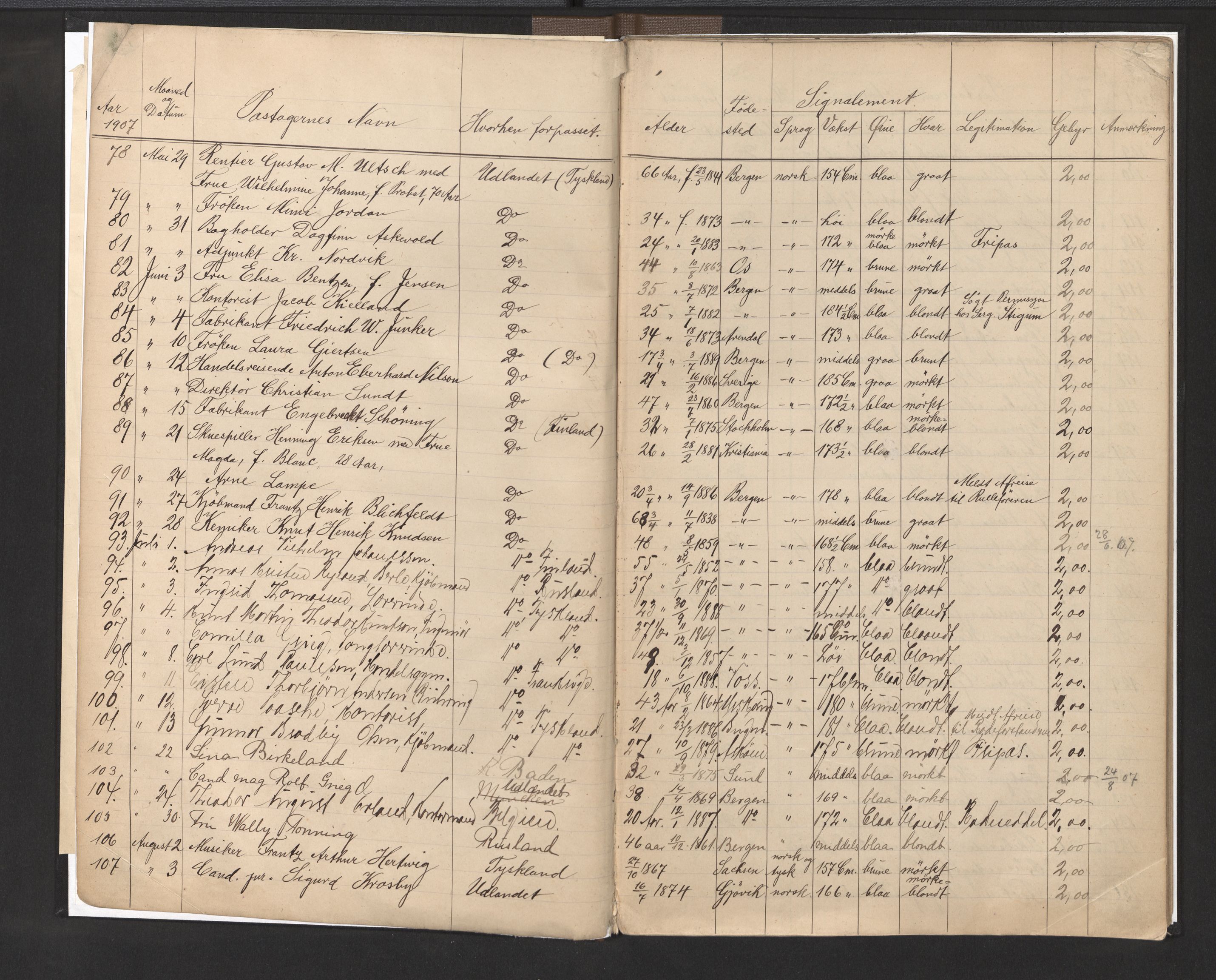 Bergen politikammer / politidistrikt, AV/SAB-A-60401/L/La/Lab/L0010: Passprotokoll, 1907-1913