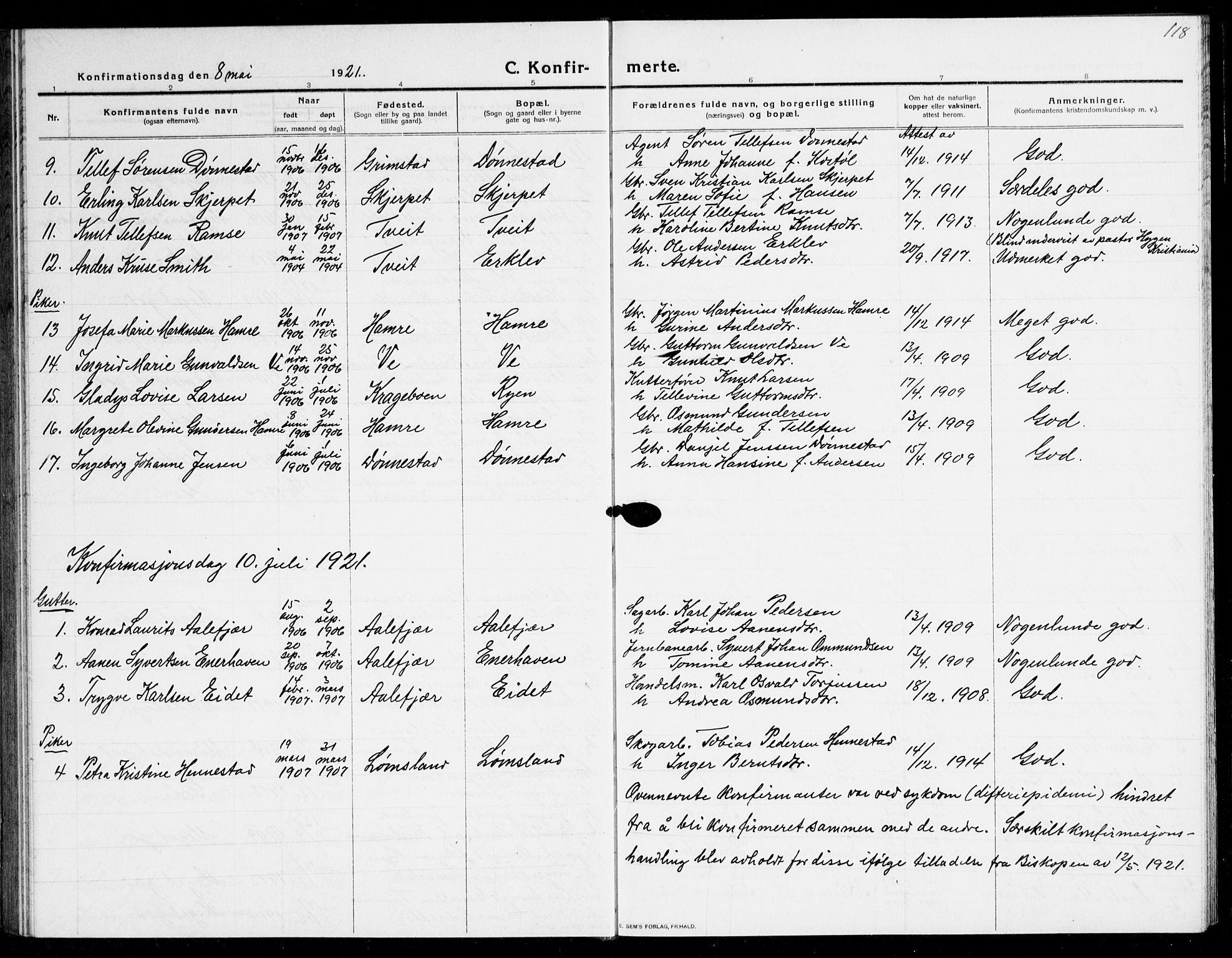 Tveit sokneprestkontor, SAK/1111-0043/F/Fb/L0005: Parish register (copy) no. B 5, 1915-1941, p. 118