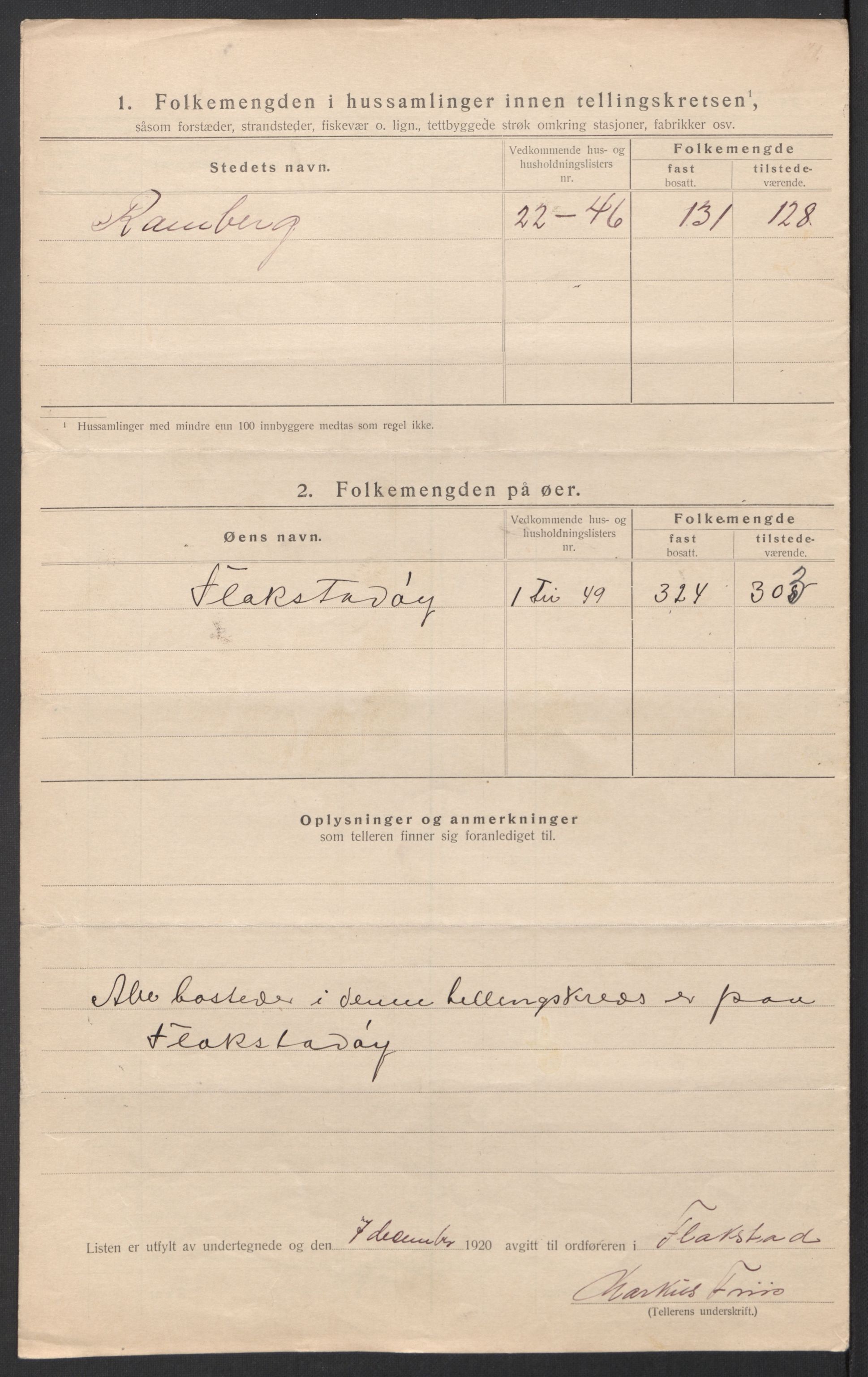 SAT, 1920 census for Flakstad, 1920, p. 16