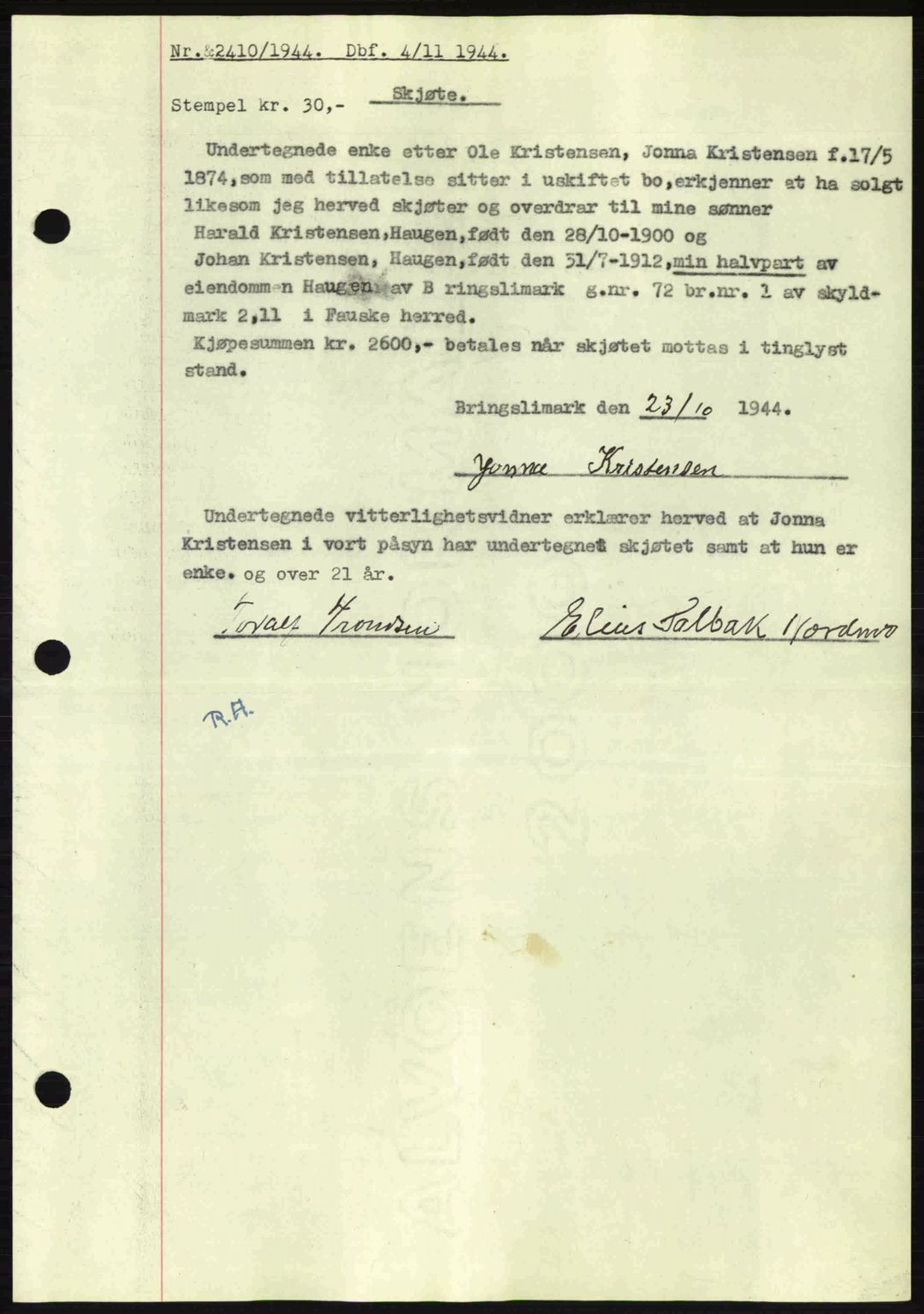 Salten sorenskriveri, AV/SAT-A-4578/1/2/2C: Mortgage book no. A14-15, 1943-1945, Diary no: : 2410/1944