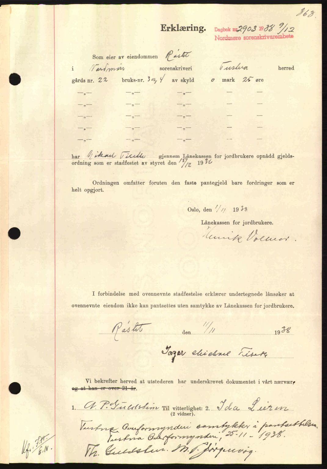 Nordmøre sorenskriveri, SAT/A-4132/1/2/2Ca: Mortgage book no. B84, 1938-1939, Diary no: : 2903/1938