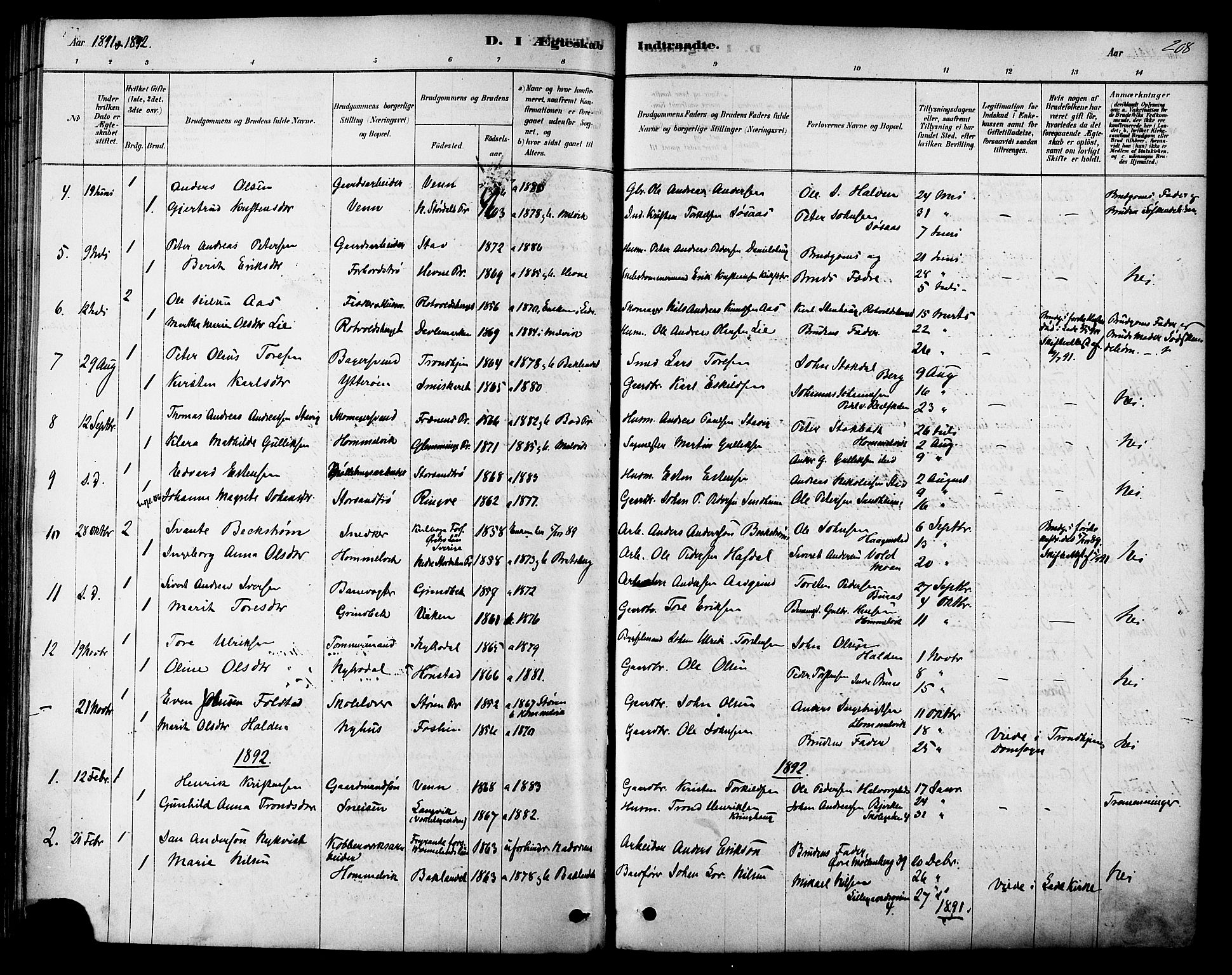 Ministerialprotokoller, klokkerbøker og fødselsregistre - Sør-Trøndelag, SAT/A-1456/616/L0410: Parish register (official) no. 616A07, 1878-1893, p. 208