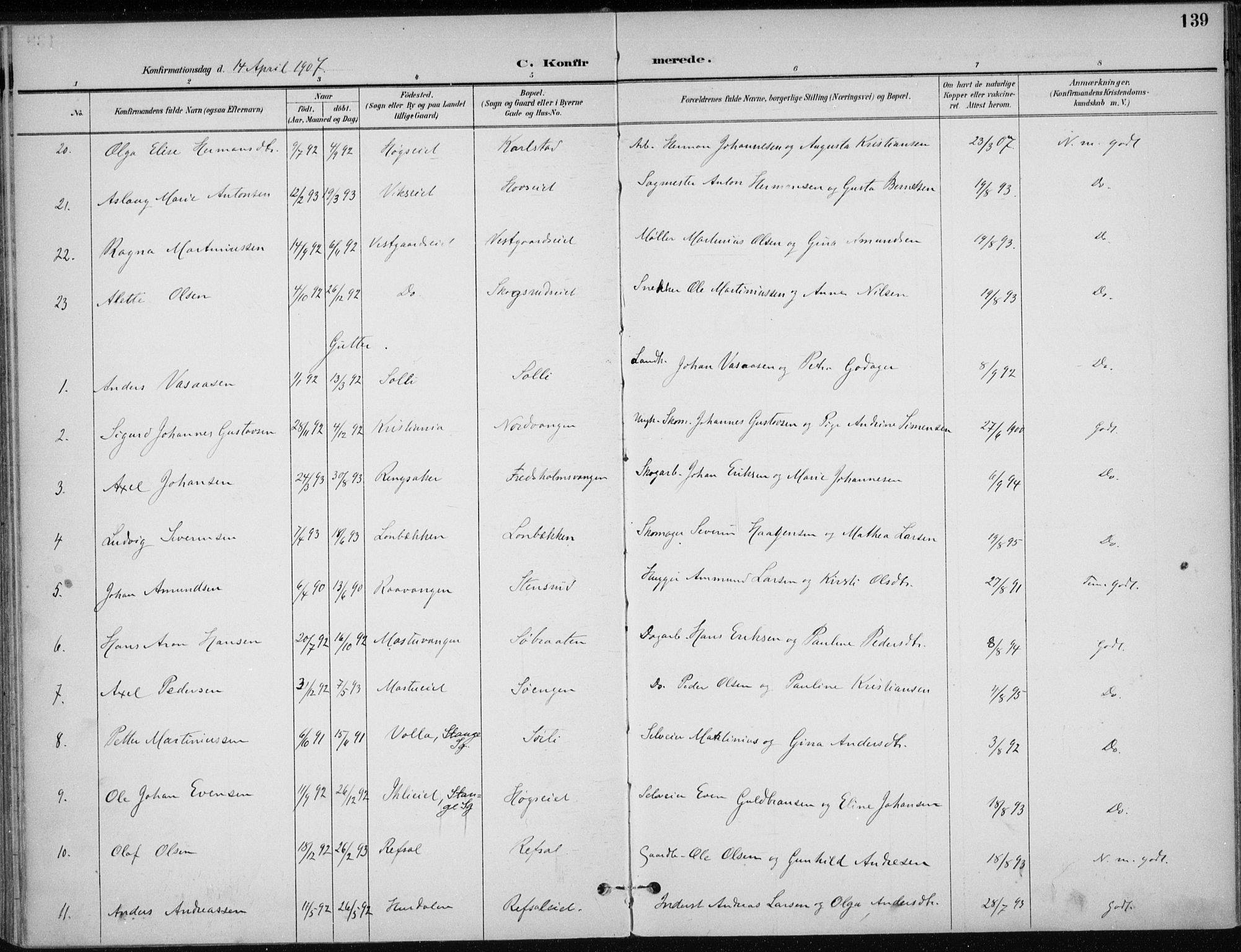 Stange prestekontor, AV/SAH-PREST-002/K/L0023: Parish register (official) no. 23, 1897-1920, p. 139