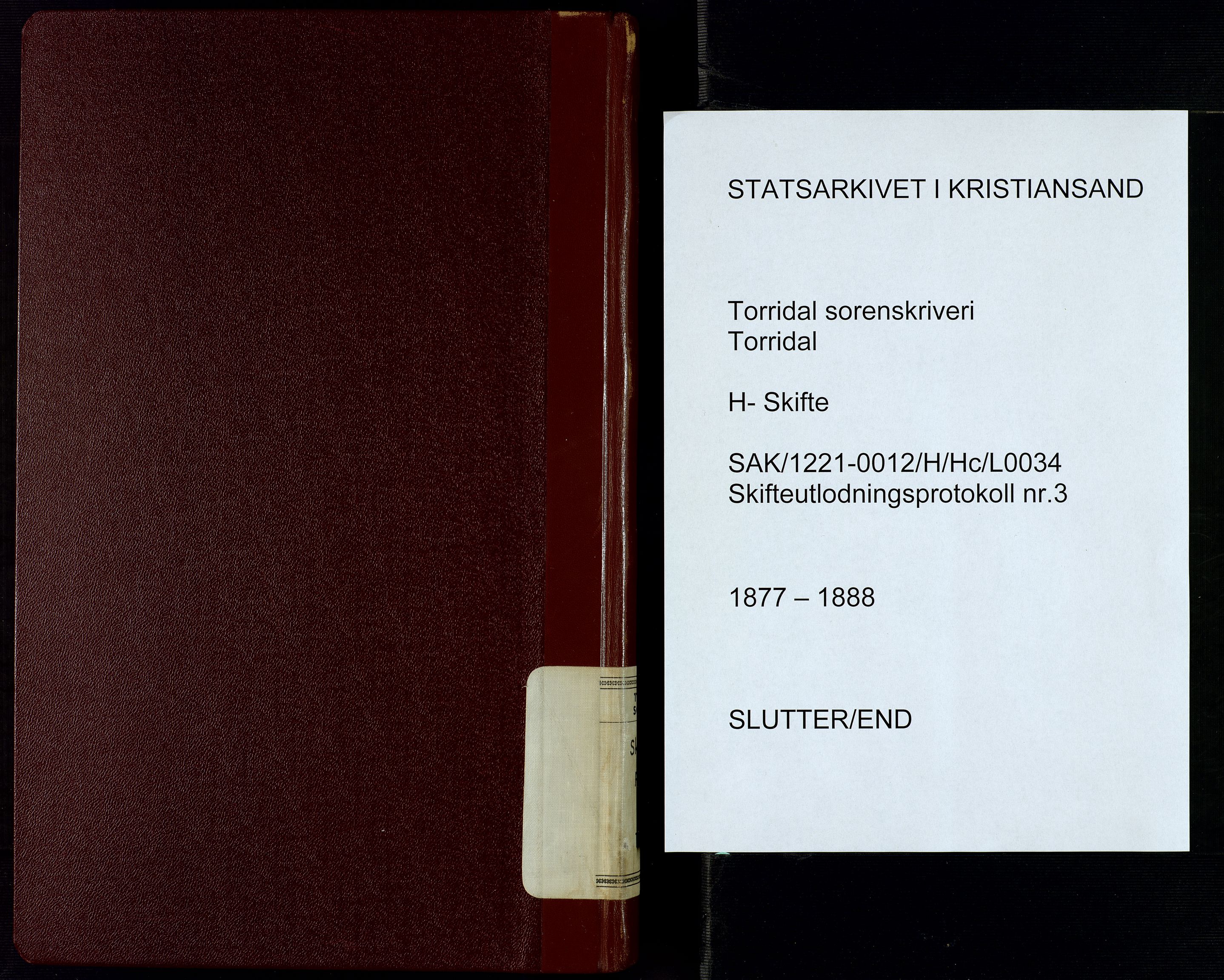 Torridal sorenskriveri, AV/SAK-1221-0012/H/Hc/L0034: Skifteutlodningsprotokoll med navneregister nr. 3, 1877-1888