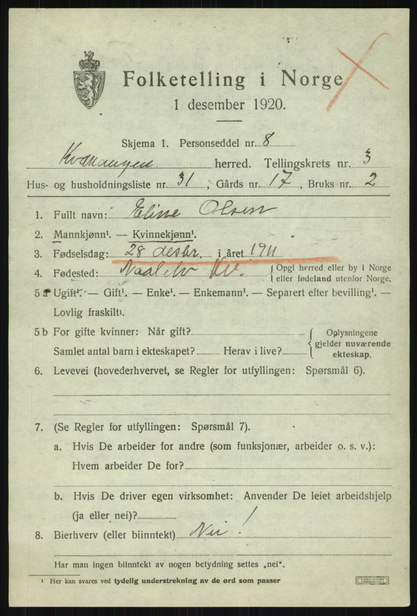 SATØ, 1920 census for Kvænangen, 1920, p. 2100