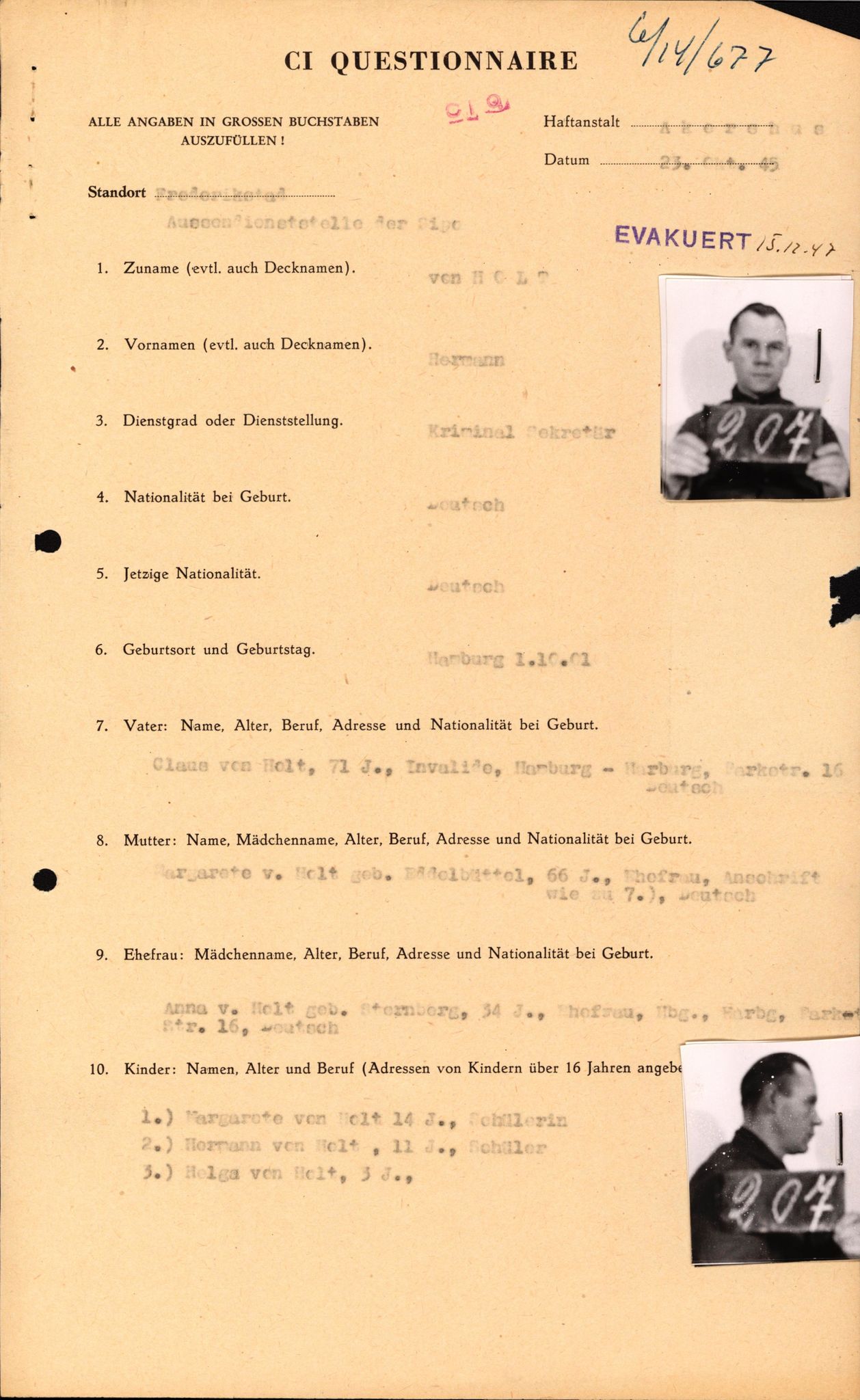 Forsvaret, Forsvarets overkommando II, AV/RA-RAFA-3915/D/Db/L0013: CI Questionaires. Tyske okkupasjonsstyrker i Norge. Tyskere., 1945-1946, p. 419