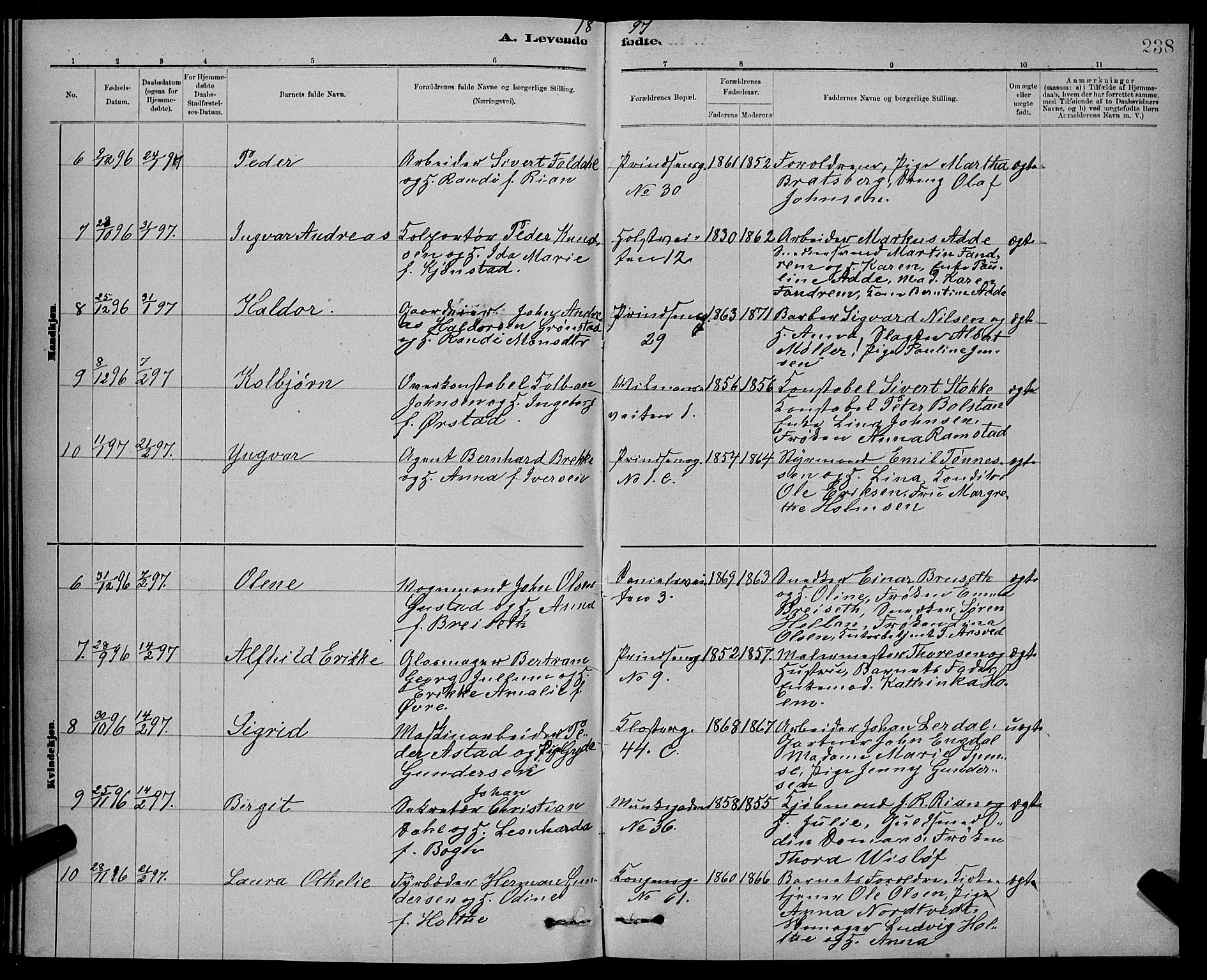 Ministerialprotokoller, klokkerbøker og fødselsregistre - Sør-Trøndelag, SAT/A-1456/601/L0092: Parish register (copy) no. 601C10, 1884-1897, p. 238