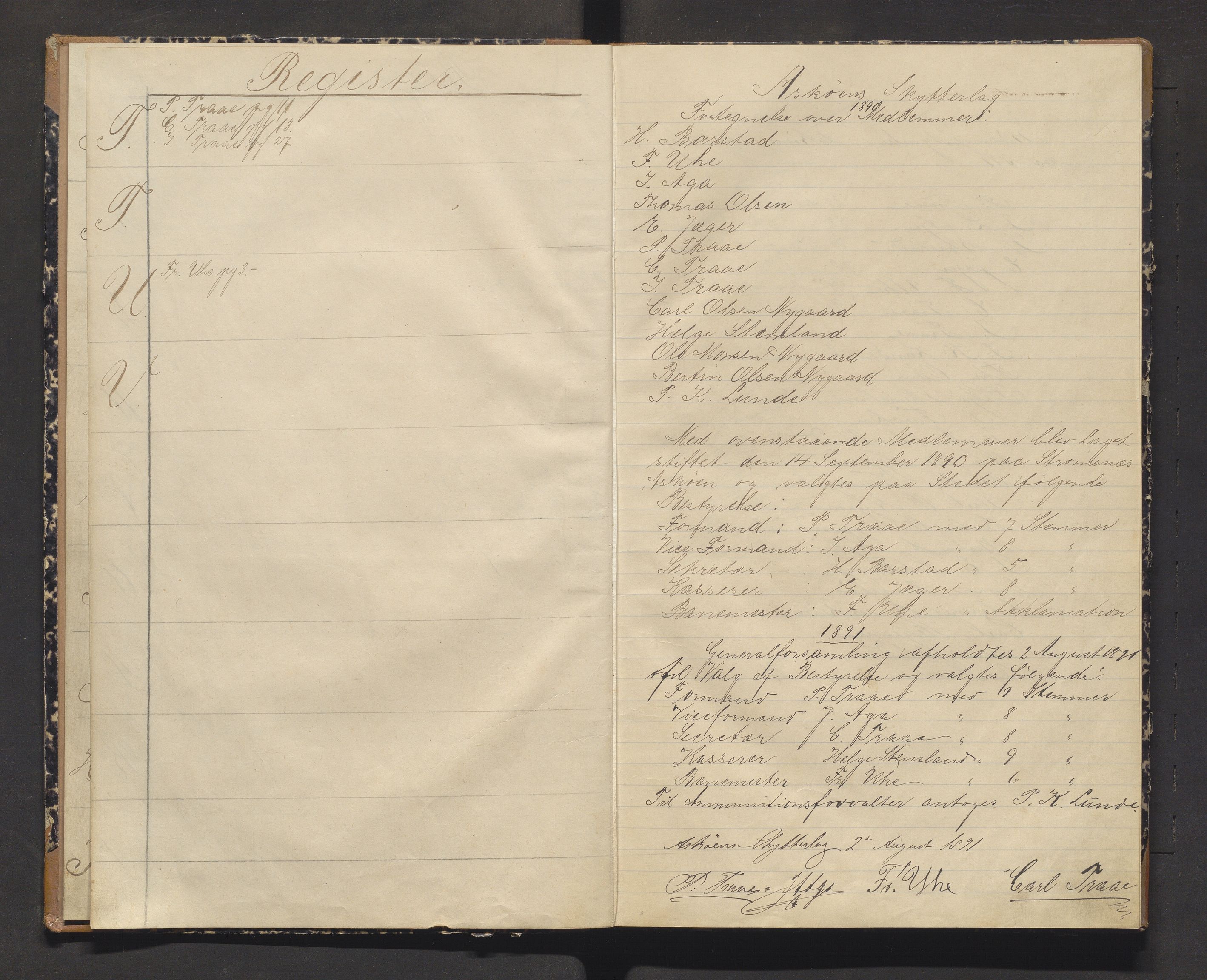 Askøy skytterlag , IKAH/1247-Pa0031/P/Pa/L0001: Protokoll med medlemsliste og skyteresultat, 1890-1891