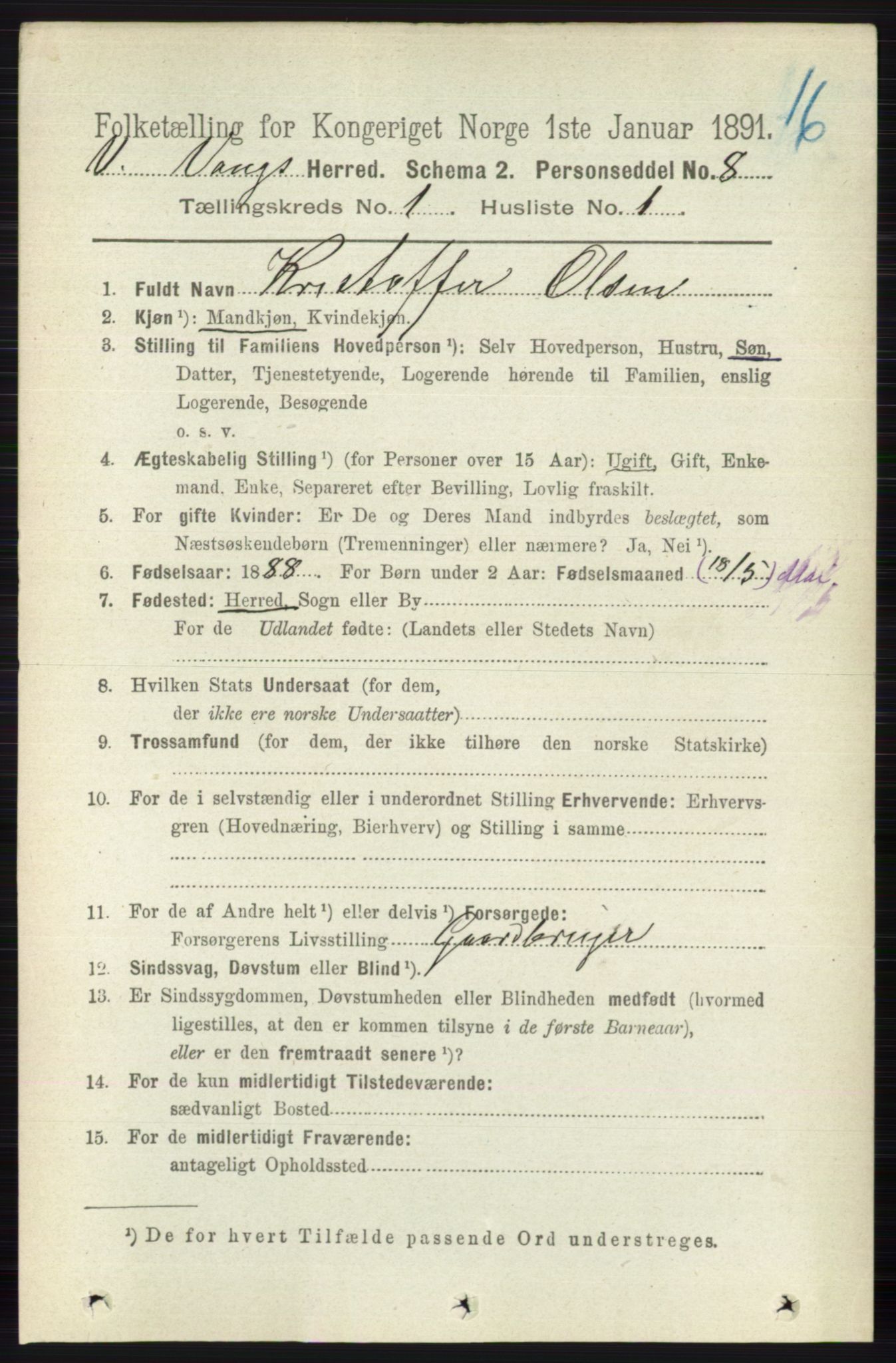 RA, 1891 census for 0545 Vang, 1891, p. 85