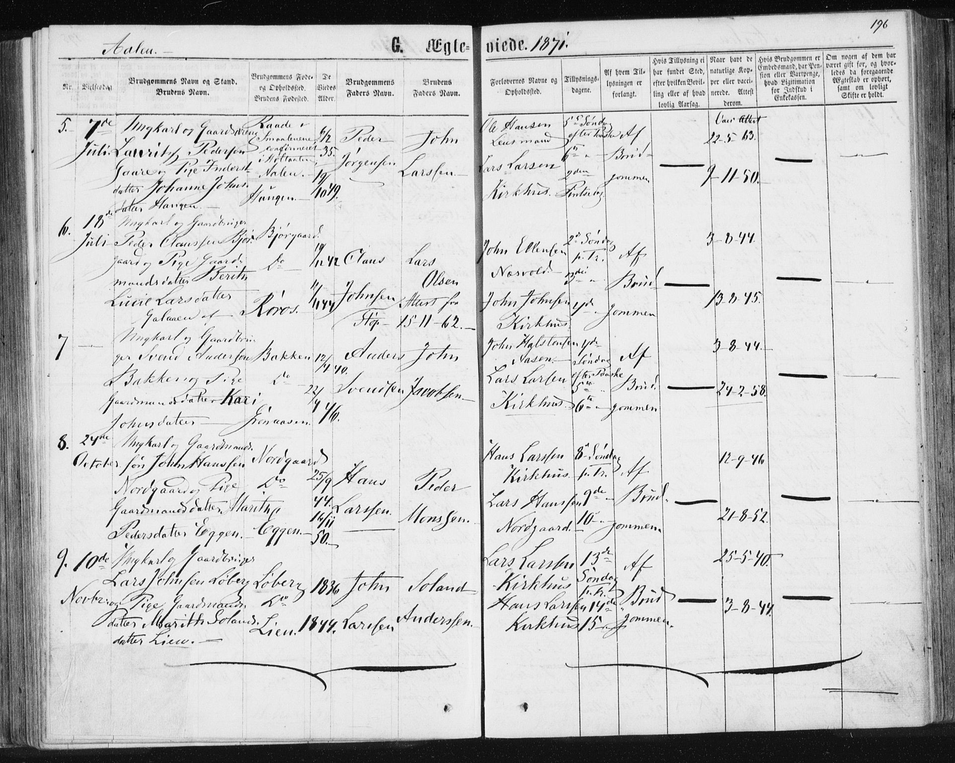 Ministerialprotokoller, klokkerbøker og fødselsregistre - Sør-Trøndelag, SAT/A-1456/685/L0971: Parish register (official) no. 685A08 /3, 1870-1879, p. 196