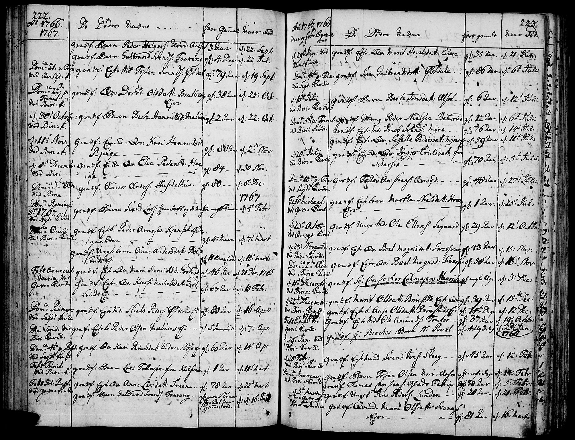 Biri prestekontor, SAH/PREST-096/H/Ha/Haa/L0002: Parish register (official) no. 2, 1754-1789, p. 222-223