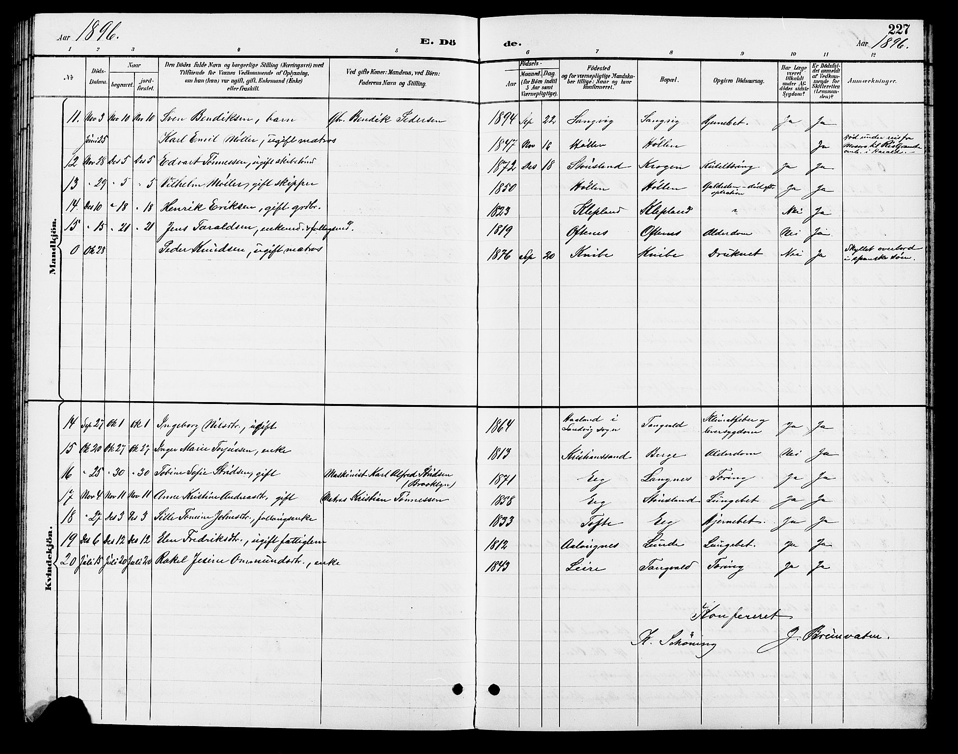 Søgne sokneprestkontor, AV/SAK-1111-0037/F/Fb/Fbb/L0006: Parish register (copy) no. B 6, 1892-1911, p. 227