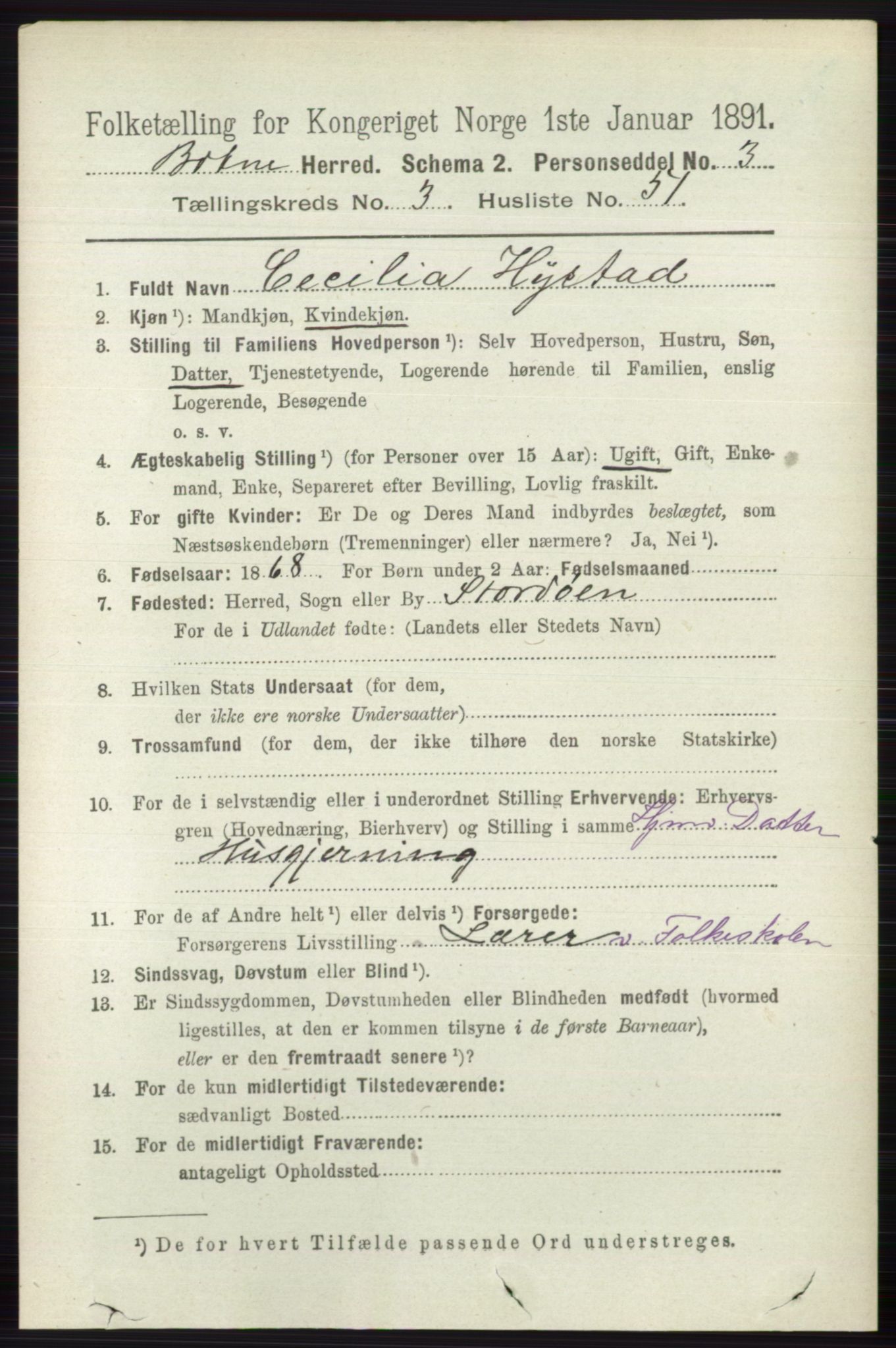 RA, 1891 census for 0715 Botne, 1891, p. 1532