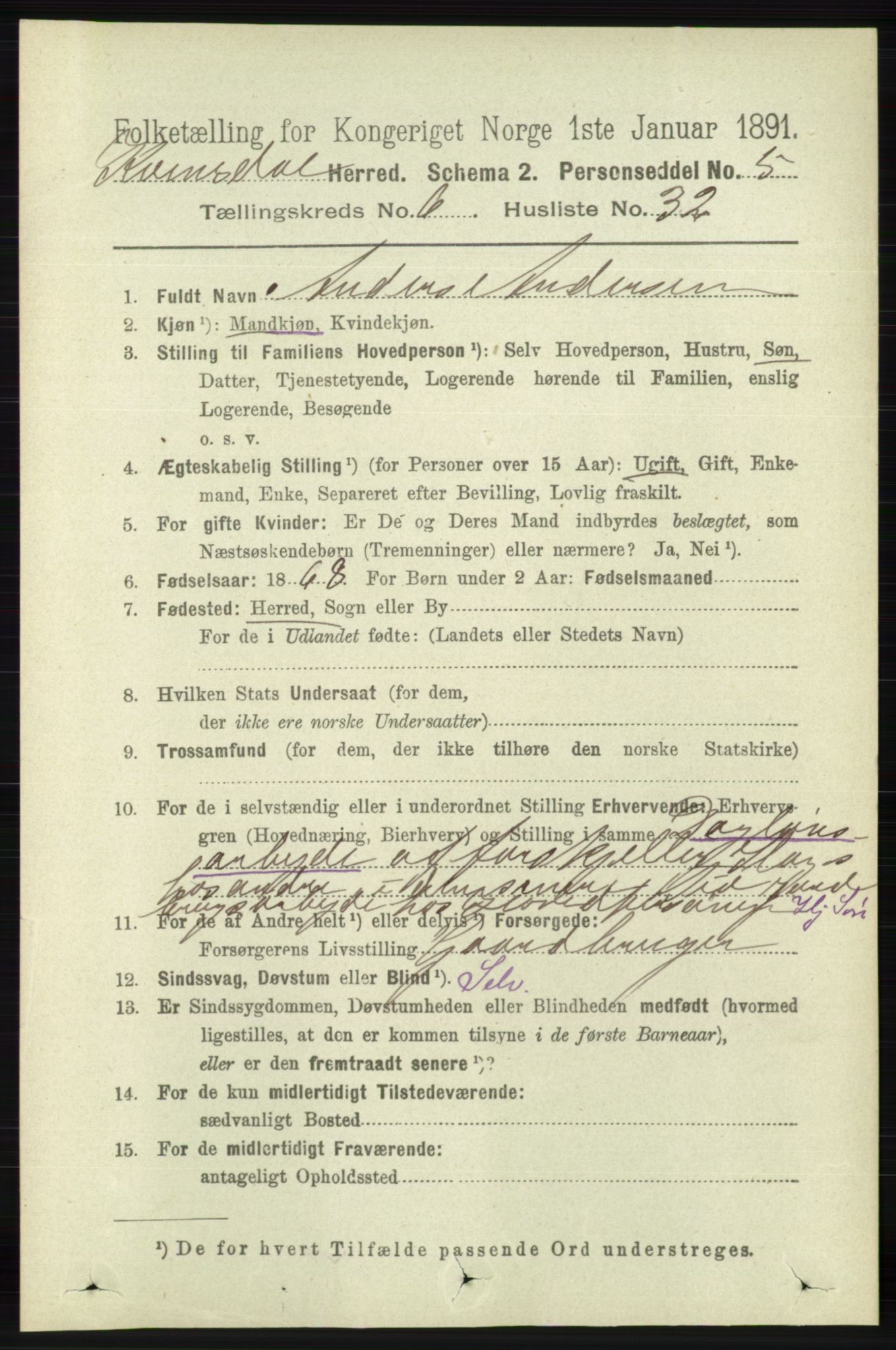 RA, 1891 census for 1037 Kvinesdal, 1891, p. 2278