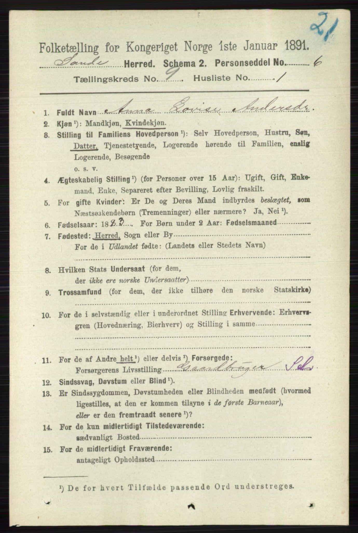 RA, 1891 census for 0713 Sande, 1891, p. 3937