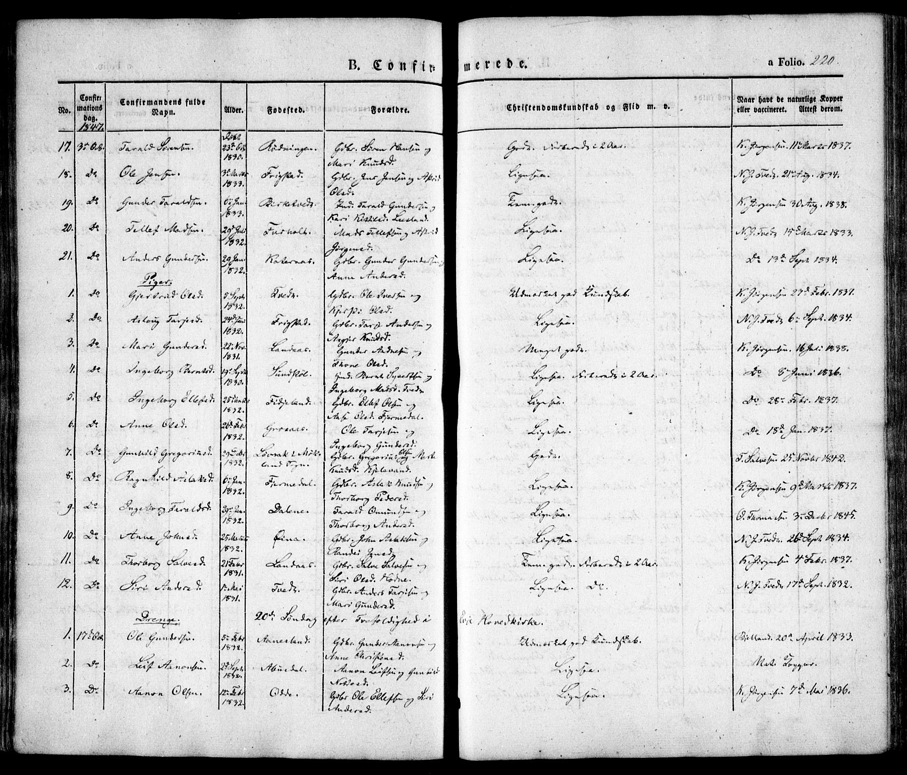 Evje sokneprestkontor, AV/SAK-1111-0008/F/Fa/Faa/L0005: Parish register (official) no. A 5, 1843-1865, p. 220