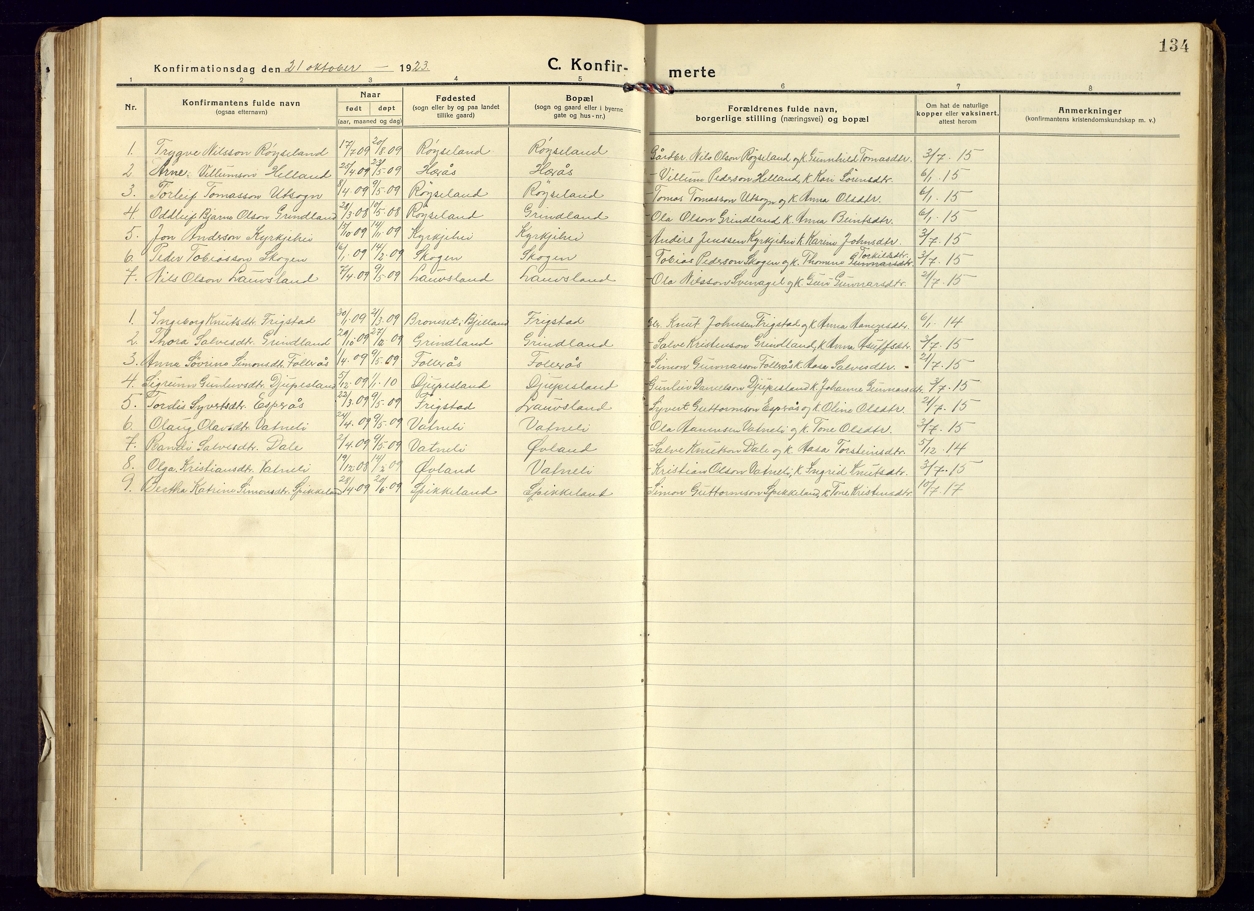Bjelland sokneprestkontor, SAK/1111-0005/F/Fb/Fbb/L0006: Parish register (copy) no. B-6, 1918-1946, p. 134