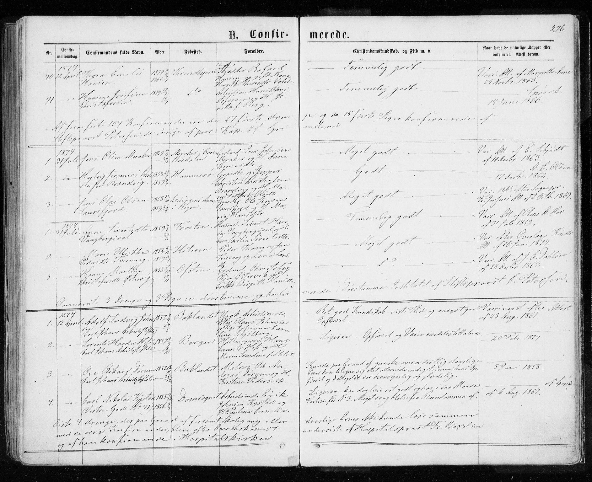 Ministerialprotokoller, klokkerbøker og fødselsregistre - Sør-Trøndelag, AV/SAT-A-1456/601/L0054: Parish register (official) no. 601A22, 1866-1877, p. 276