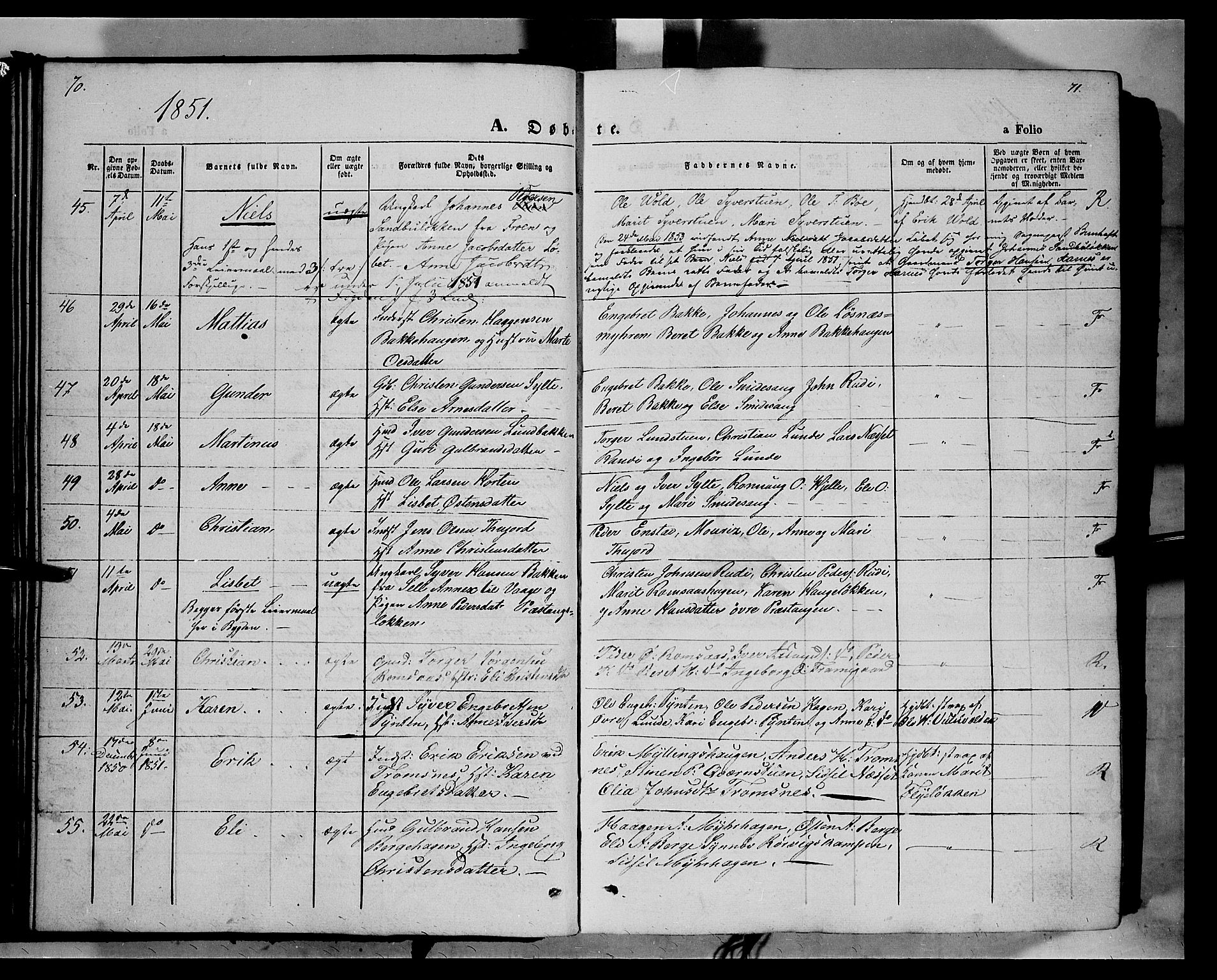 Ringebu prestekontor, AV/SAH-PREST-082/H/Ha/Haa/L0006: Parish register (official) no. 6, 1848-1859, p. 70-71
