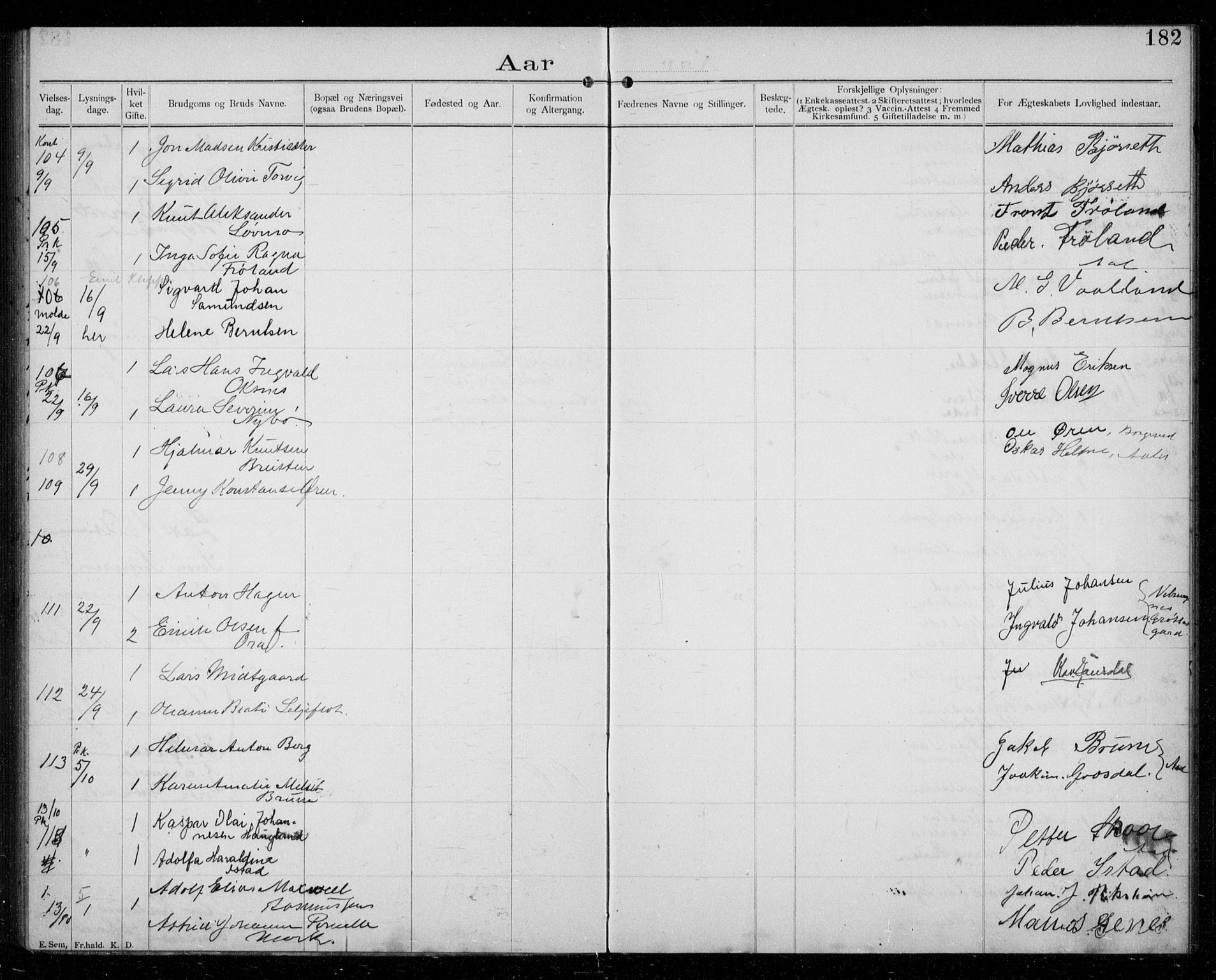 Ministerialprotokoller, klokkerbøker og fødselsregistre - Møre og Romsdal, AV/SAT-A-1454/529/L0458: Banns register no. 529A08, 1901-1918, p. 182