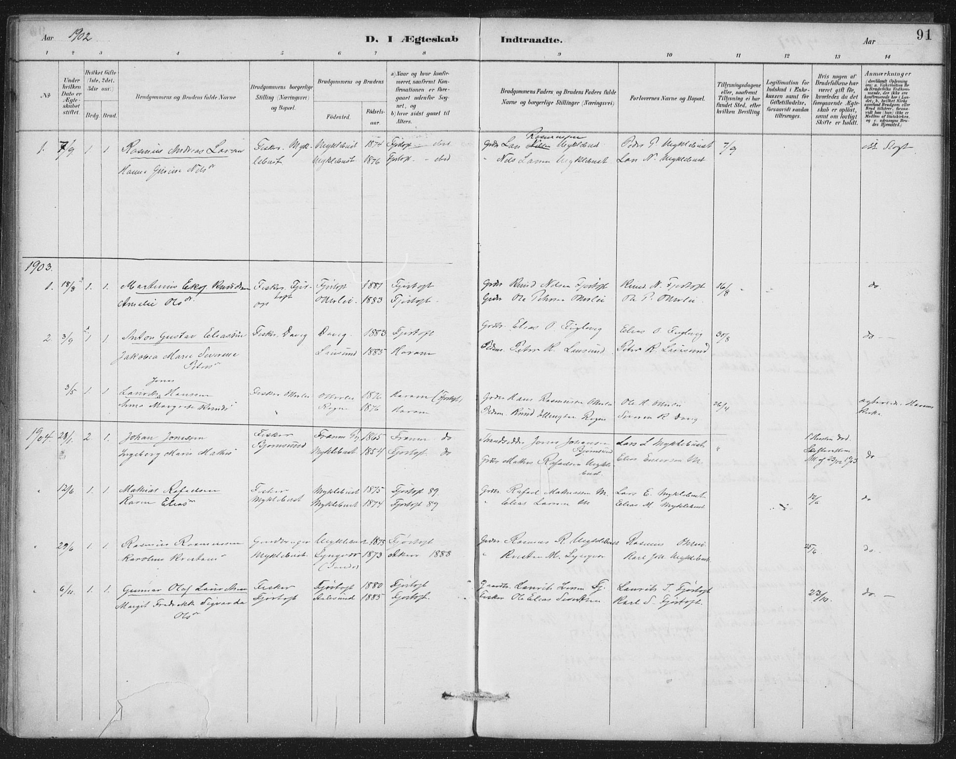 Ministerialprotokoller, klokkerbøker og fødselsregistre - Møre og Romsdal, SAT/A-1454/538/L0522: Parish register (official) no. 538A01, 1884-1913, p. 91