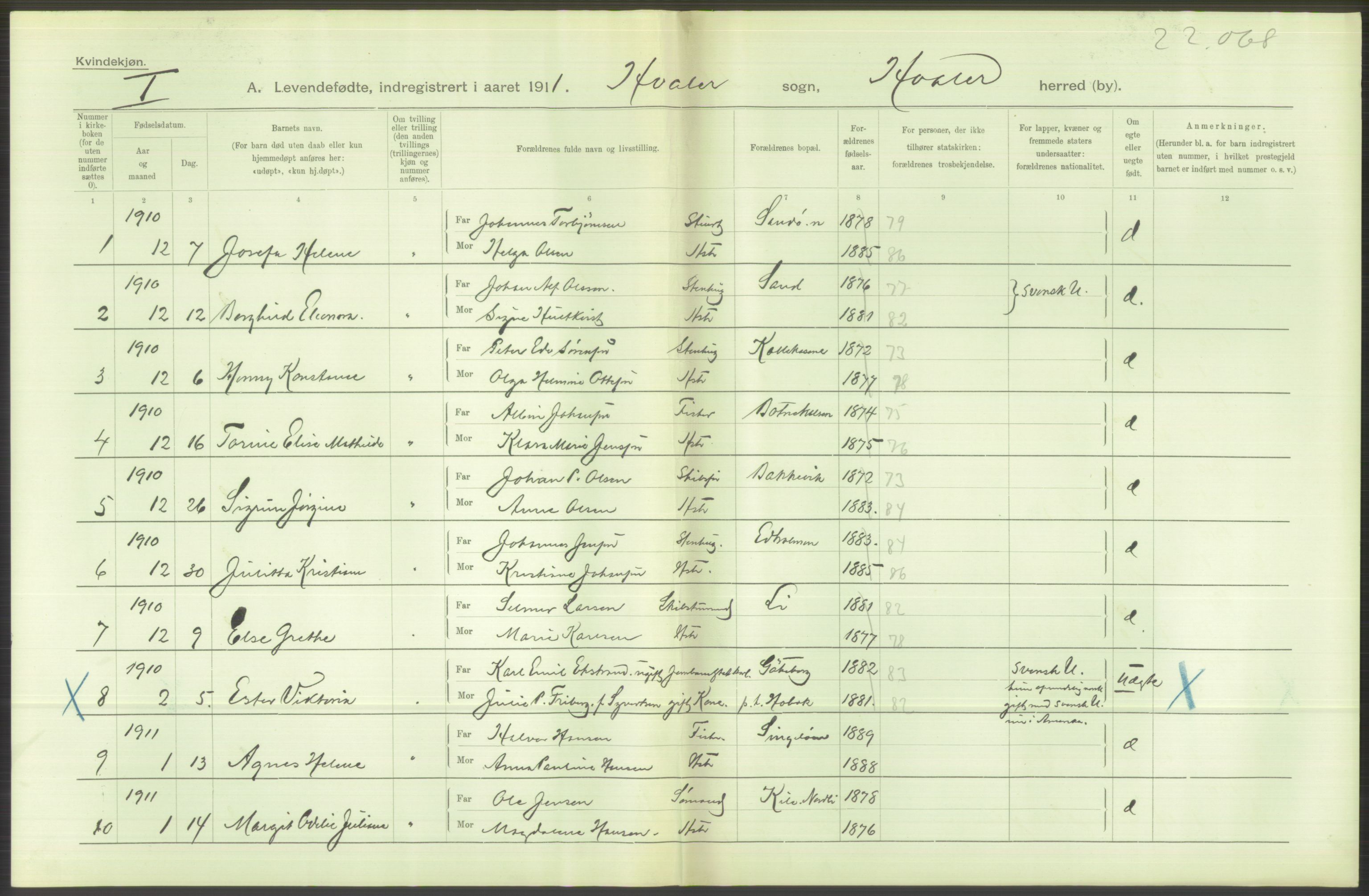 Statistisk sentralbyrå, Sosiodemografiske emner, Befolkning, AV/RA-S-2228/D/Df/Dfb/Dfba/L0001: Smålenenes amt: Levendefødte menn og kvinner. Bygder., 1911, p. 456