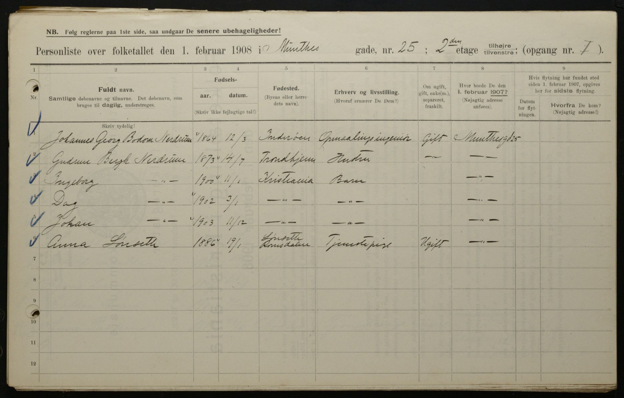 OBA, Municipal Census 1908 for Kristiania, 1908, p. 61016