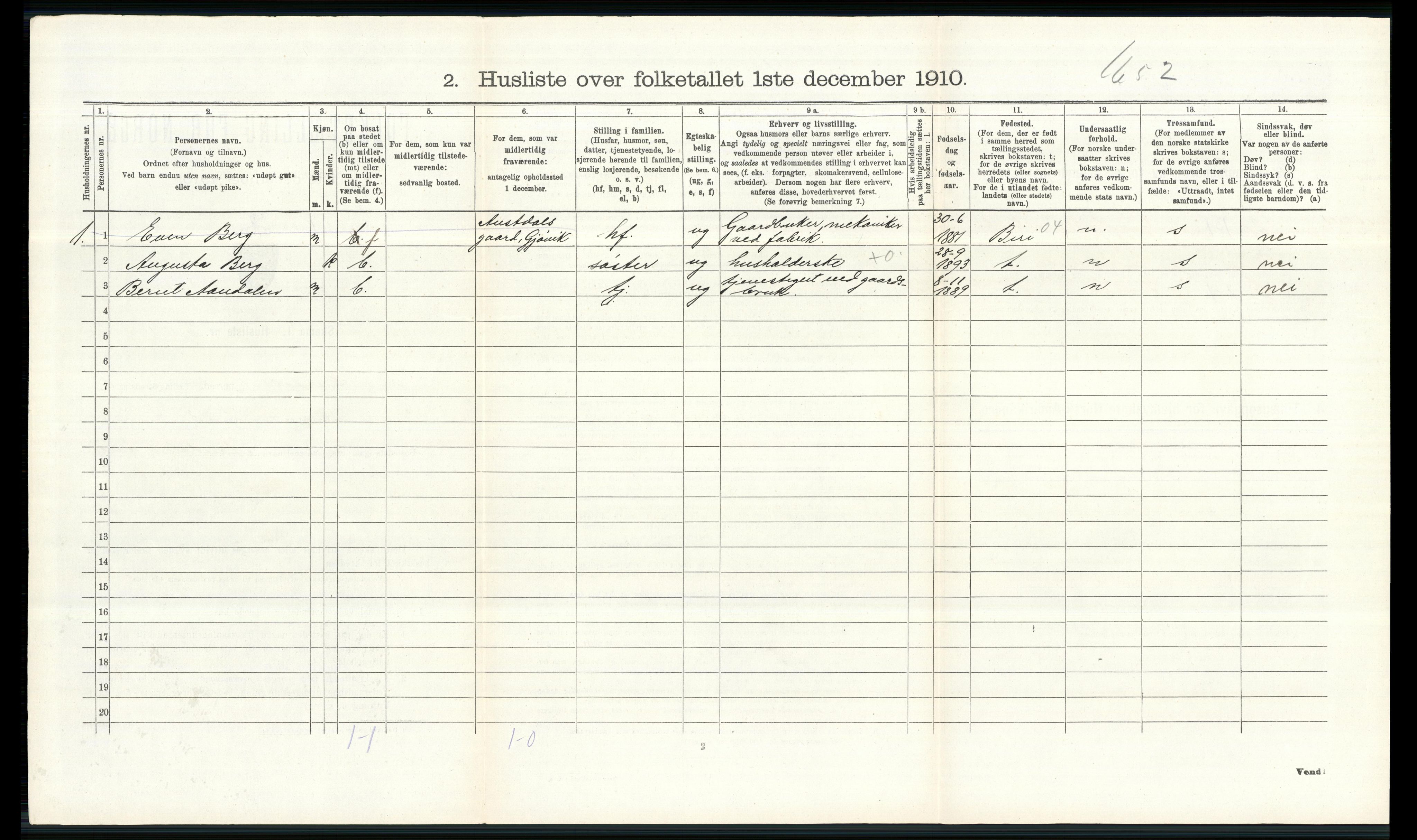 RA, 1910 census for Vardal, 1910, p. 603