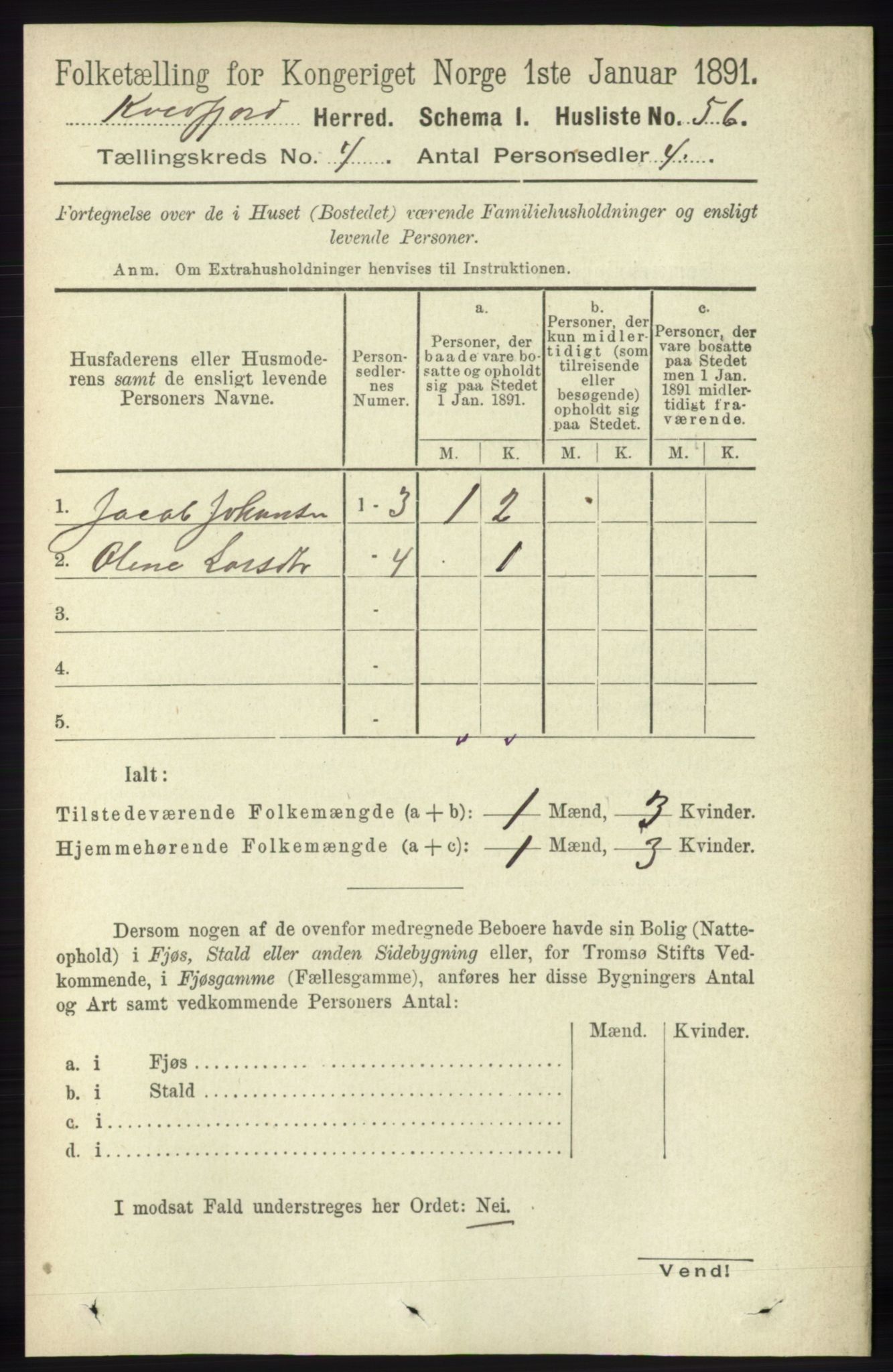 RA, 1891 census for 1911 Kvæfjord, 1891, p. 1805