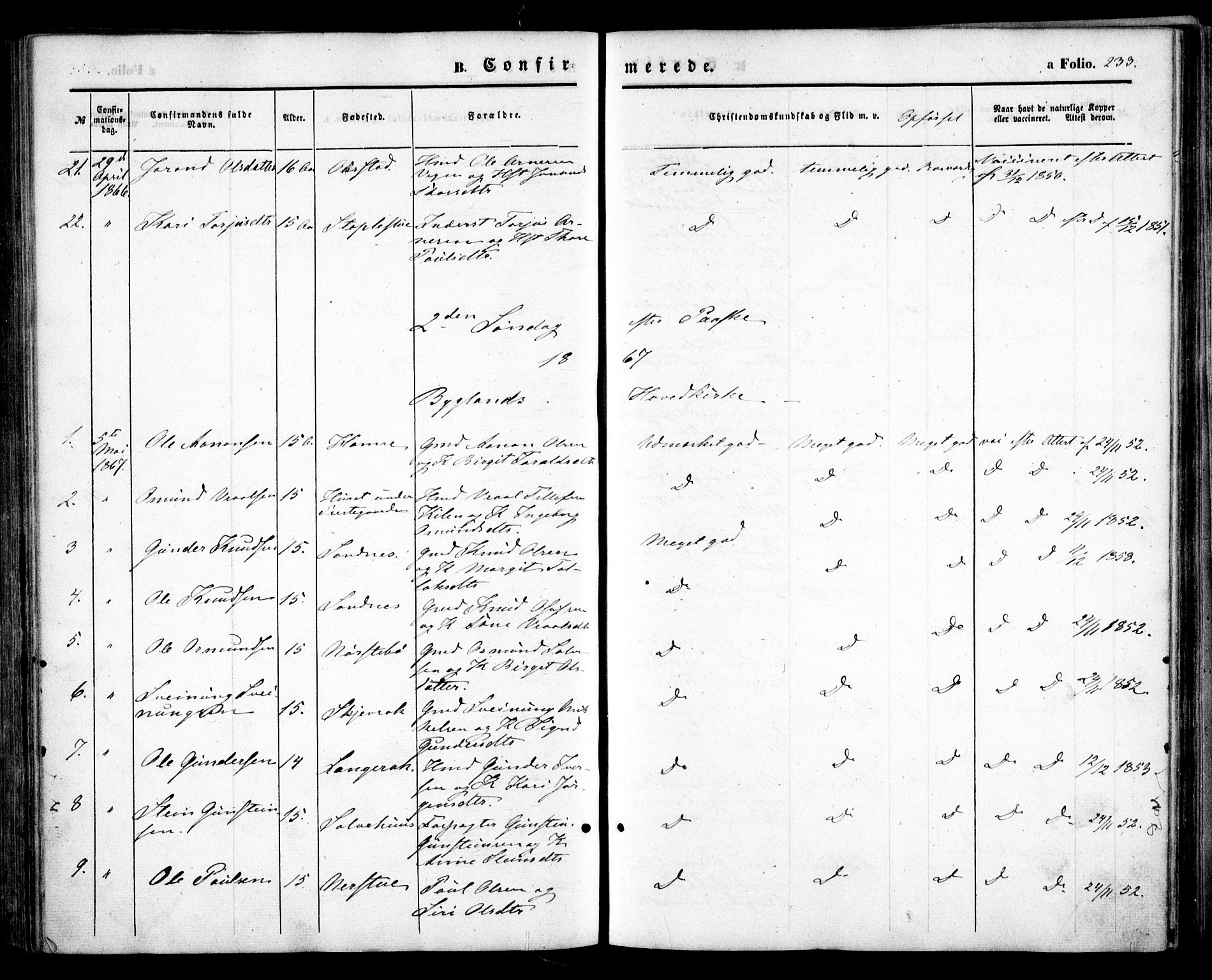 Bygland sokneprestkontor, SAK/1111-0006/F/Fa/Fab/L0005: Parish register (official) no. A 5, 1859-1873, p. 233