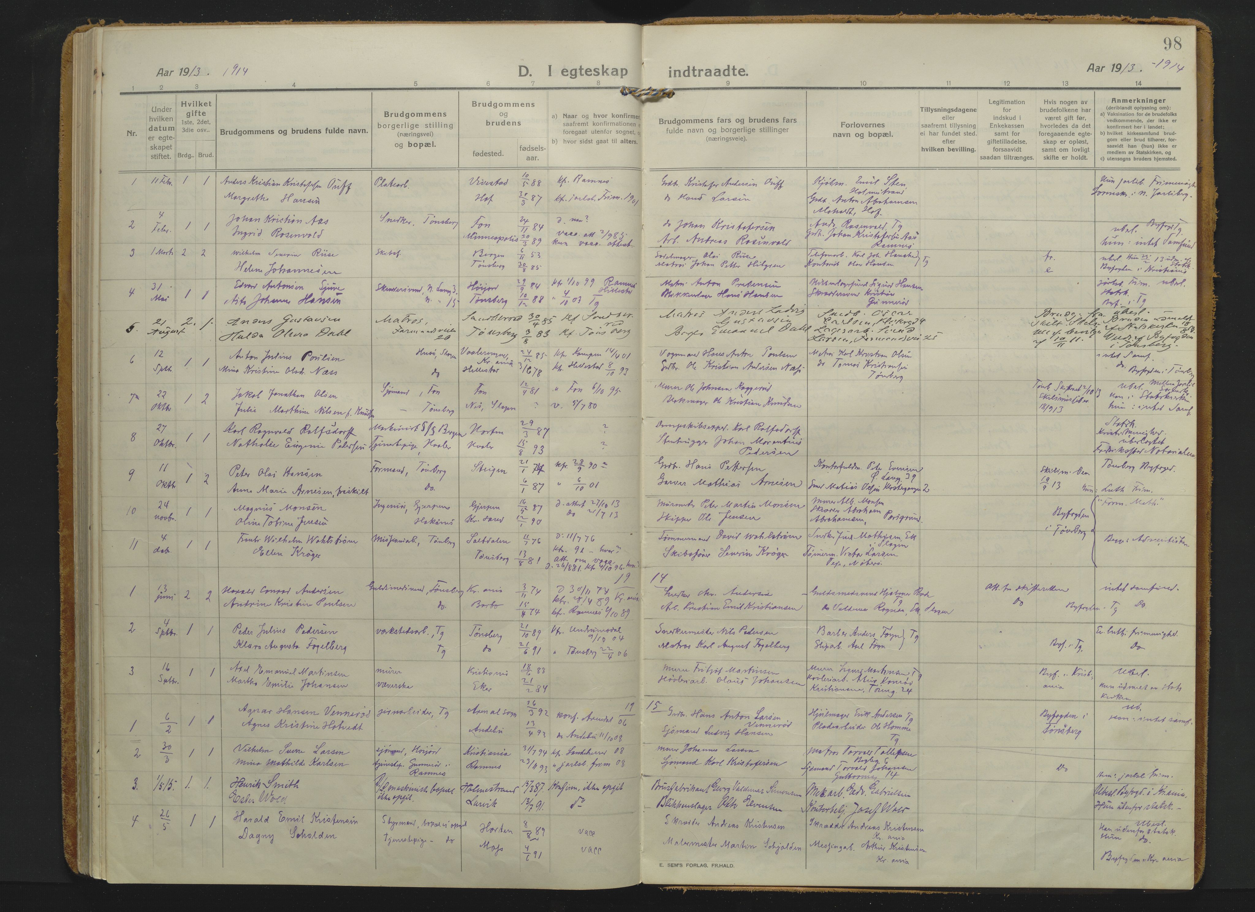 Tønsberg kirkebøker, AV/SAKO-A-330/F/Fa/L0018: Parish register (official) no. I 18, 1913-1926, p. 98