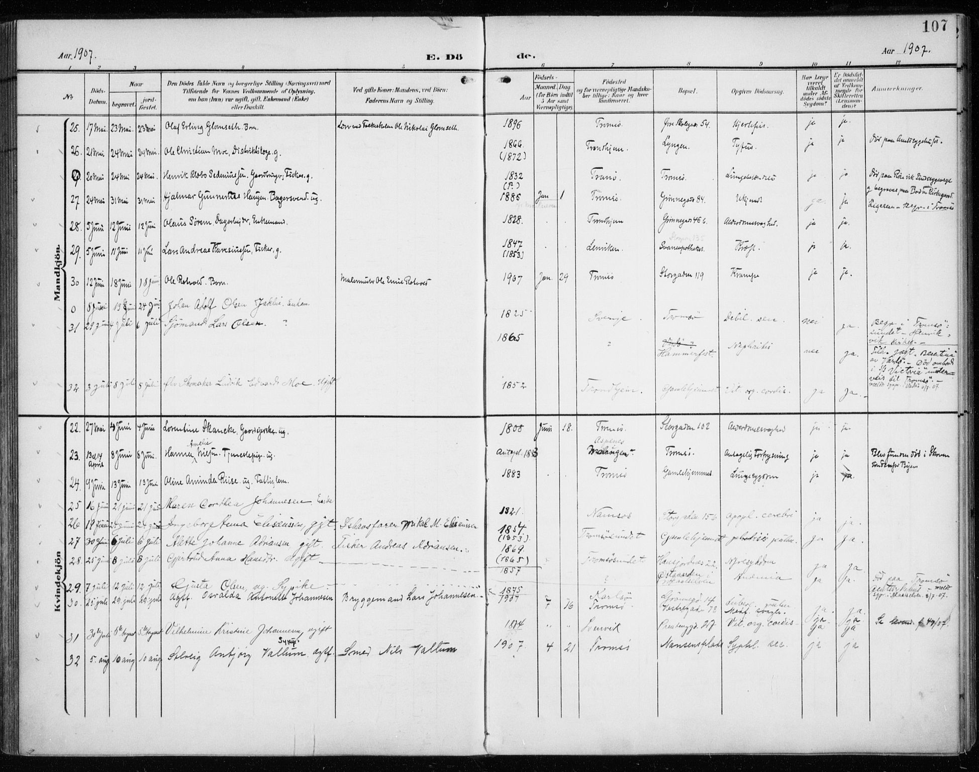 Tromsø sokneprestkontor/stiftsprosti/domprosti, AV/SATØ-S-1343/G/Ga/L0018kirke: Parish register (official) no. 18, 1907-1917, p. 107