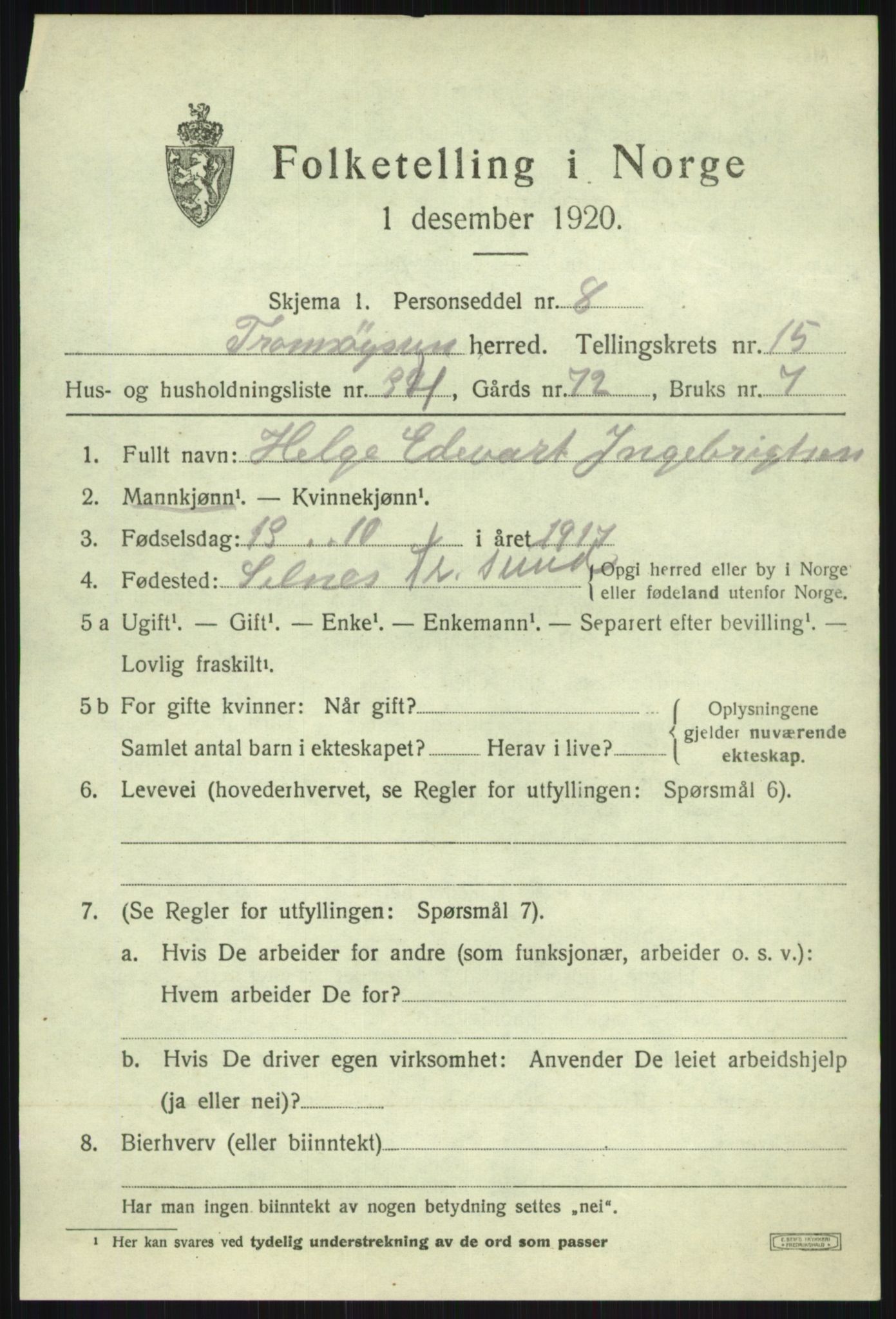 SATØ, 1920 census for Tromsøysund, 1920, p. 9378