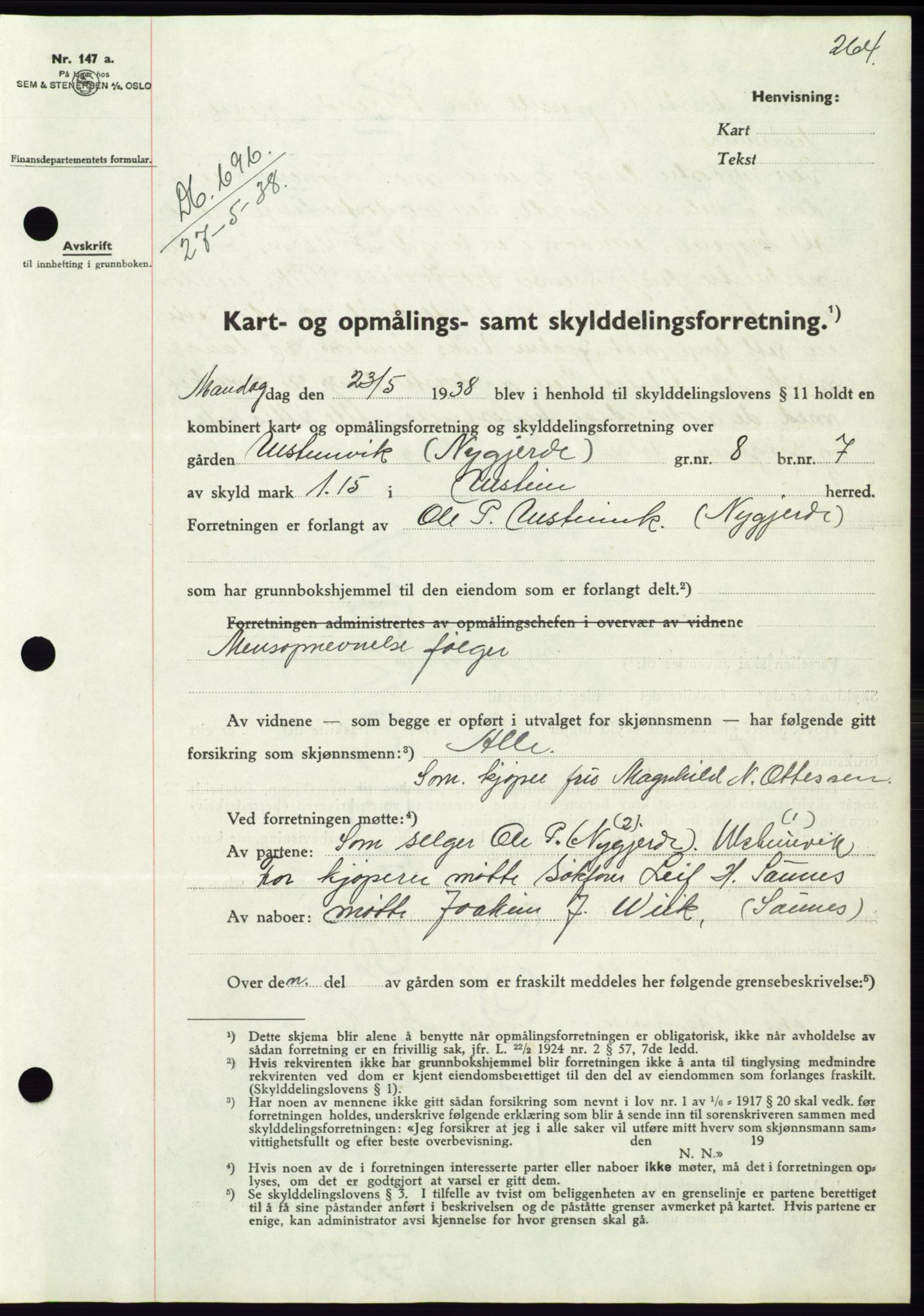 Søre Sunnmøre sorenskriveri, AV/SAT-A-4122/1/2/2C/L0065: Mortgage book no. 59, 1938-1938, Diary no: : 696/1938