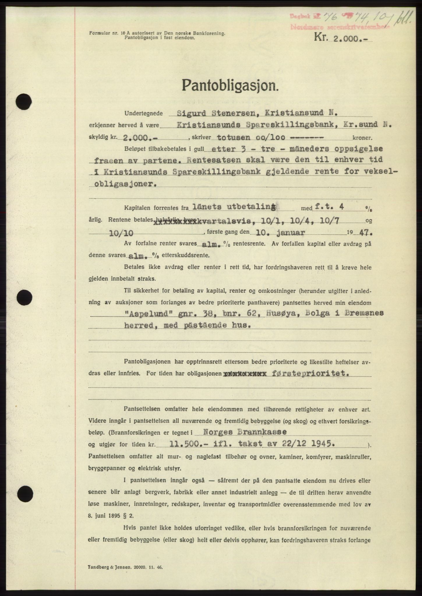 Nordmøre sorenskriveri, AV/SAT-A-4132/1/2/2Ca: Mortgage book no. B95, 1946-1947, Diary no: : 76/1947